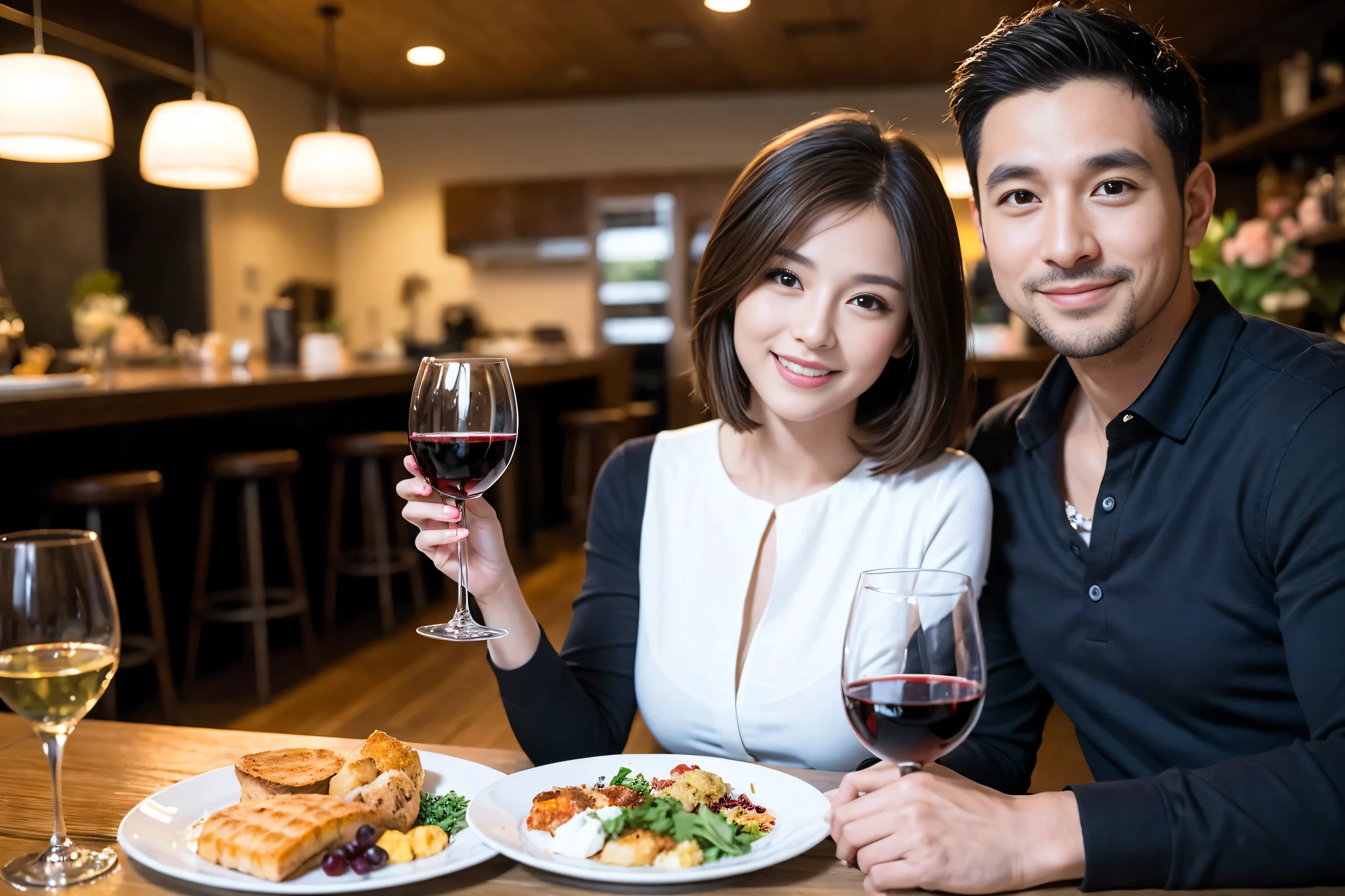 ((highest quality、8k、masterpiece:1.3))、 (Realistic, Bright image、Real、Intricate details:1.2), 1 male 1 female、lover、couple、spouse、Handsome Men and Beautiful Women、Beautiful couple、Happy smile、full-course dinner、 (Slim face), (Slim Body), (Brown Hair), (Short Hair), Wine glass on the table、Please put light on my face、 Amazing view of the sunset sky and clouds、 (Age 35), 39 years old, red wine 、Appetizers、Wine bottle、sparkling wine、Long sleeve shirt、dress、White wine, red wine, wine glass,