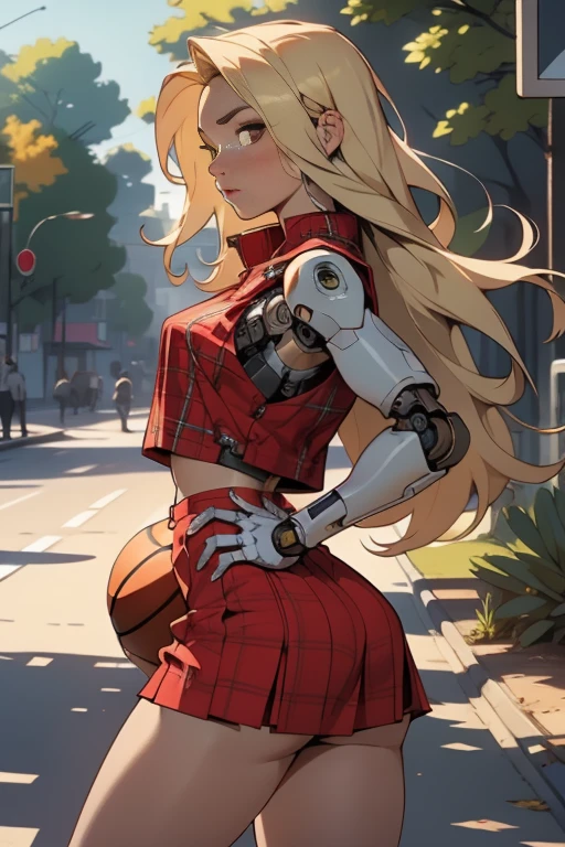 high quality, 4k, masterpiece, beautiful, cyborg girl, cowboy shot, dull eyes, back side, turning around to look at viewer, long blonde hair, girl, small breasts, fit thigh, robotic arms, robotic body, cyborg body, yellow accent, red accent, intricate detail, joint, detailed lines, robotic detail, 1fist on hip, color robotic parts, robotic parts with color, perfect fingers,red plaid fabric pleated micro skirt, blowing in the wind.red loose basketball cropped vest.in a city park with trees, sunny background, colorful desert,