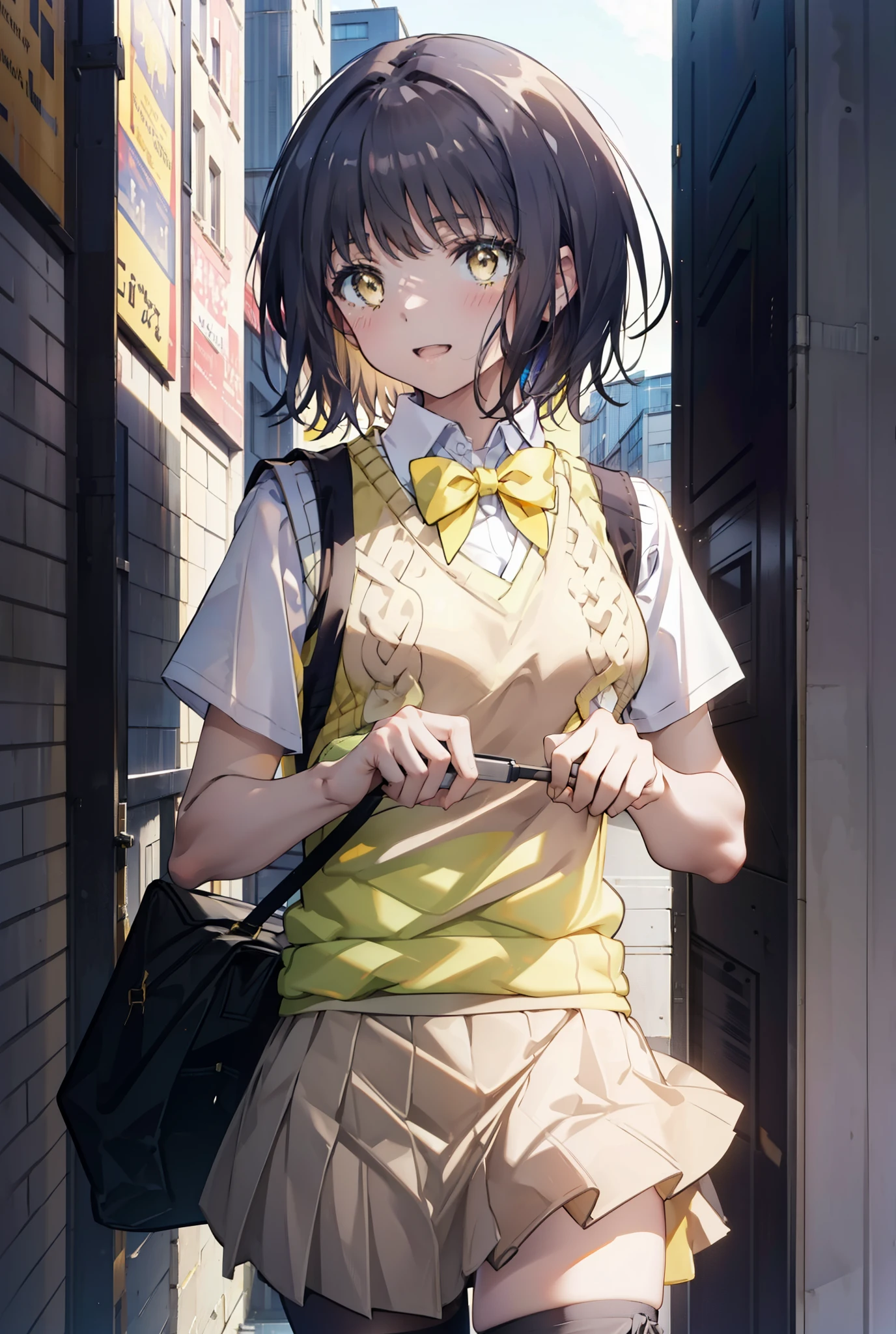 masterpiece, highest quality, Confused, Perfect Anatomy, 1 girl, alone, Itsuwa,short hair,Black Hair,Brown eyes,smile,blush,Open your mouth,Happy atmosphere,Breaking skirt, shirt, bow, ribbon, , white shirt, Short sleeve, Pleated skirt, collared shirt, mini skirt, bowtie, 黒いloafers , Black Skirt, Black pantyhose, loafers, green bow, Sweater vest, So that the whole body goes into the illustration, (yellow Sweater vest:1.5),evening,Sunset,The sun is setting,city,Building Street,(masterpiece:1.2), highest quality, High resolution, unity 8k wallpaper, (shape:0.8), (Beautiful and detailed:1.6), Highly detailed face, Perfect lighting, Highly detailed CG, (Perfect hands, Perfect Anatomy),