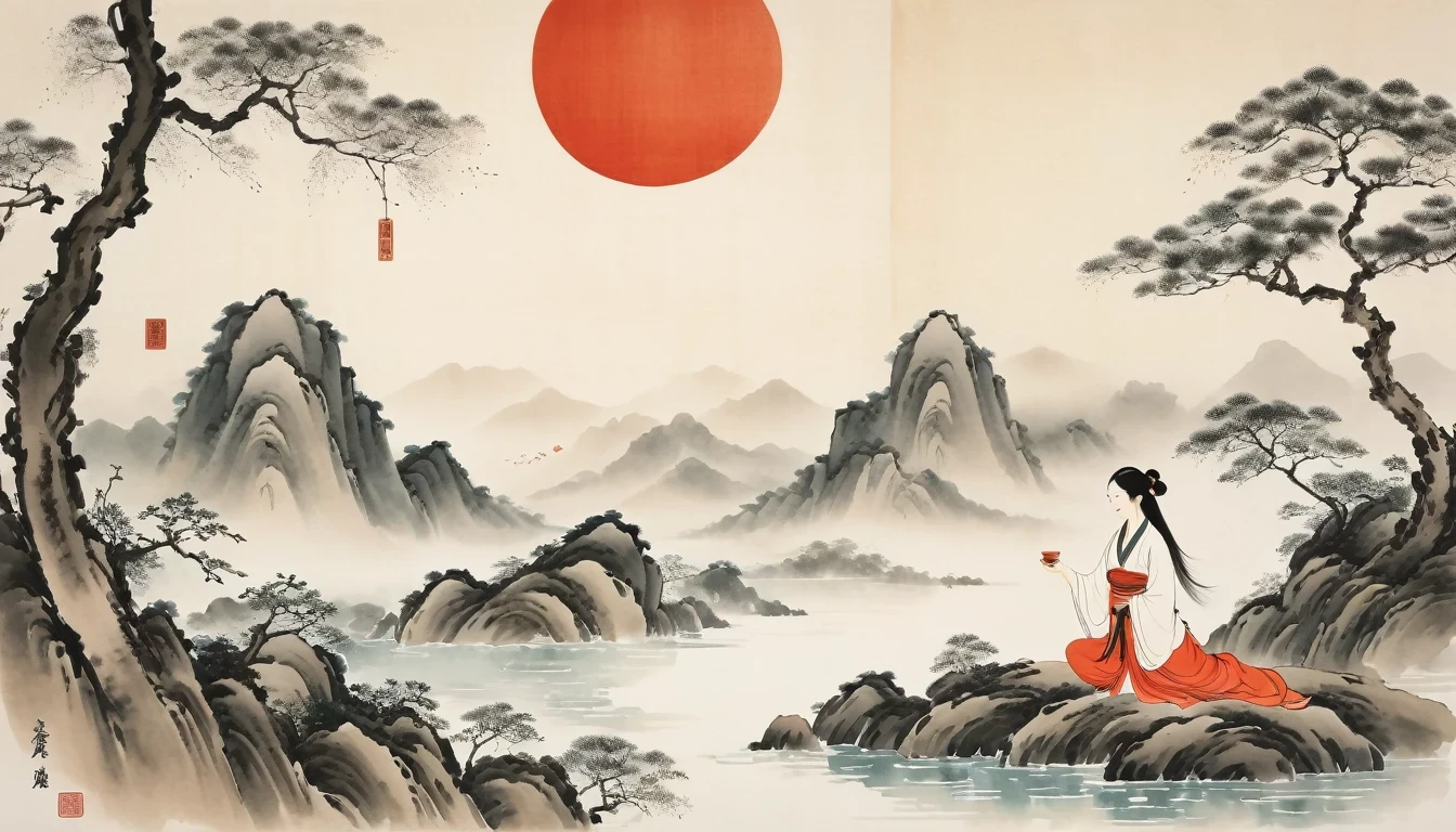 (Leave a lot of white:1.5)，white, White background, simple, Minimalism, abstract,Freehand，Aesthetic，Tai Chi，Gossip，Black and white，Taoist style，Ink Painting，antiquity，Lotus，Girl drinking tea， Chinese traditional ink painting, Traditional Chinese Art, author：Guo Xi, author：Ma Yuoneyu, traditional Chinese painting, author：Xu Xi, author：Luo Mu, author：Yoneg Buzhi, author：Li Kelone, author：wisdom&#39;one, Ink Painting ) ) ) ), Chinese ink painting, Traditional Chinese painting style