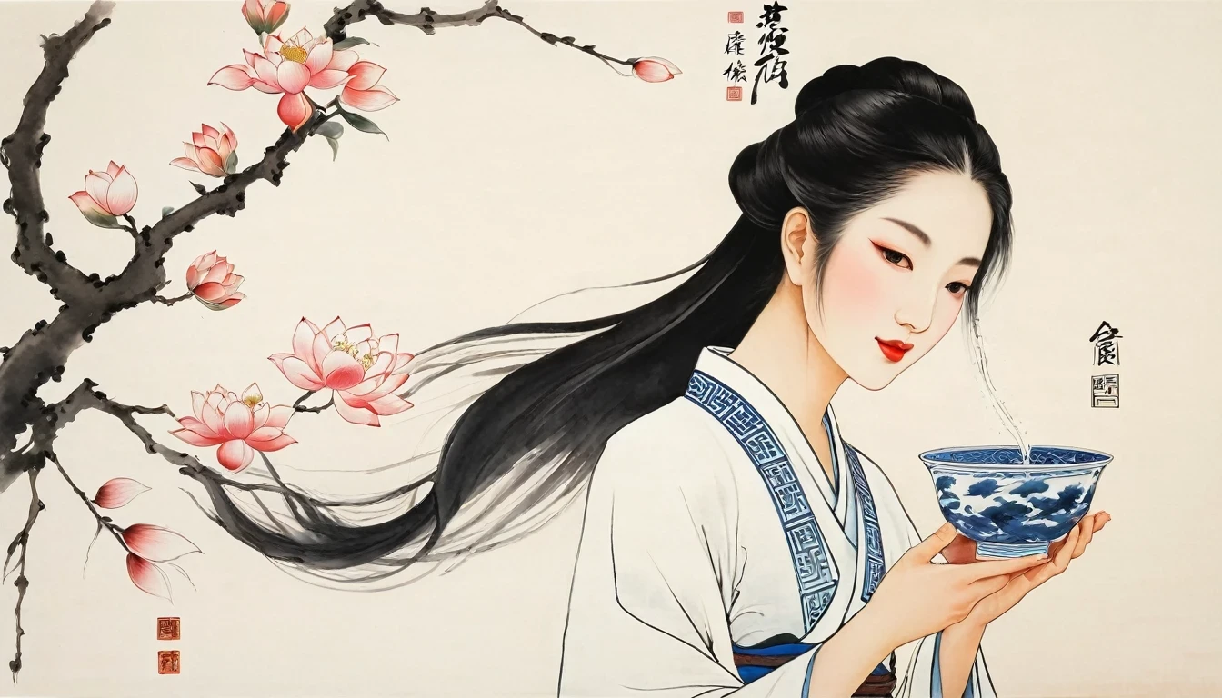 (Leave a lot of white:1.5),white, White background, simple, Minimalism, abstract,Freehand,Aesthetic,Tai Chi,Gossip,Black and white,Taoist style,Ink Painting,antiquity,Lotus,Girl drinking tea, Chinese traditional ink painting, Traditional Chinese Art, author:Guo Xi, author:Ma Yuoneyu, traditional Chinese painting, author:Xu Xi, author:Luo Mu, author:Yoneg Buzhi, author:Li Kelone, author:wisdom'one, Ink Painting ) ) ) ), Chinese ink painting, Traditional Chinese painting style