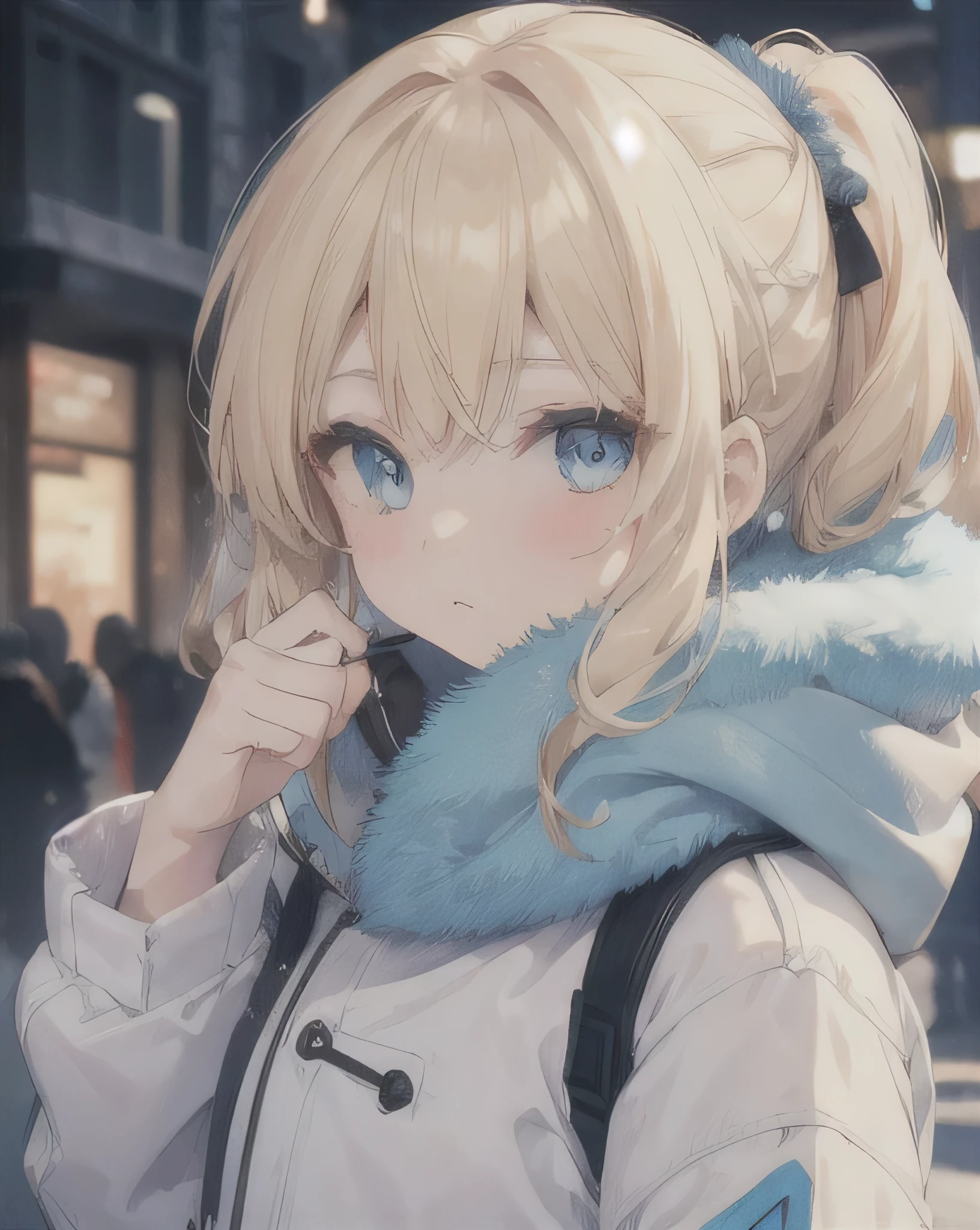 A girl with blonde hair tie up, wearing cream fur jacket in winter staring at camera, eye color is blue
