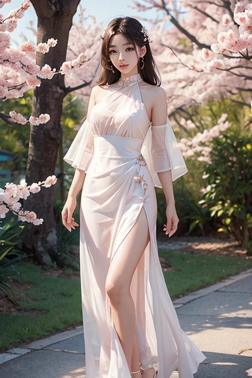 Picture of a beautiful Thai-Korean model with a good figure wearing a long white dress, pink tone, elegant, flowing, light and transparent. It blended perfectly with the large white and pink peach blossoms on the hem of her long skirt. It&#39;s like a flower that is part of your body. She wears high heels And the overall color tone is a harmonious pink-white gradient. Create a combination of fashion and pure nature. Digital Art Light Background 84k