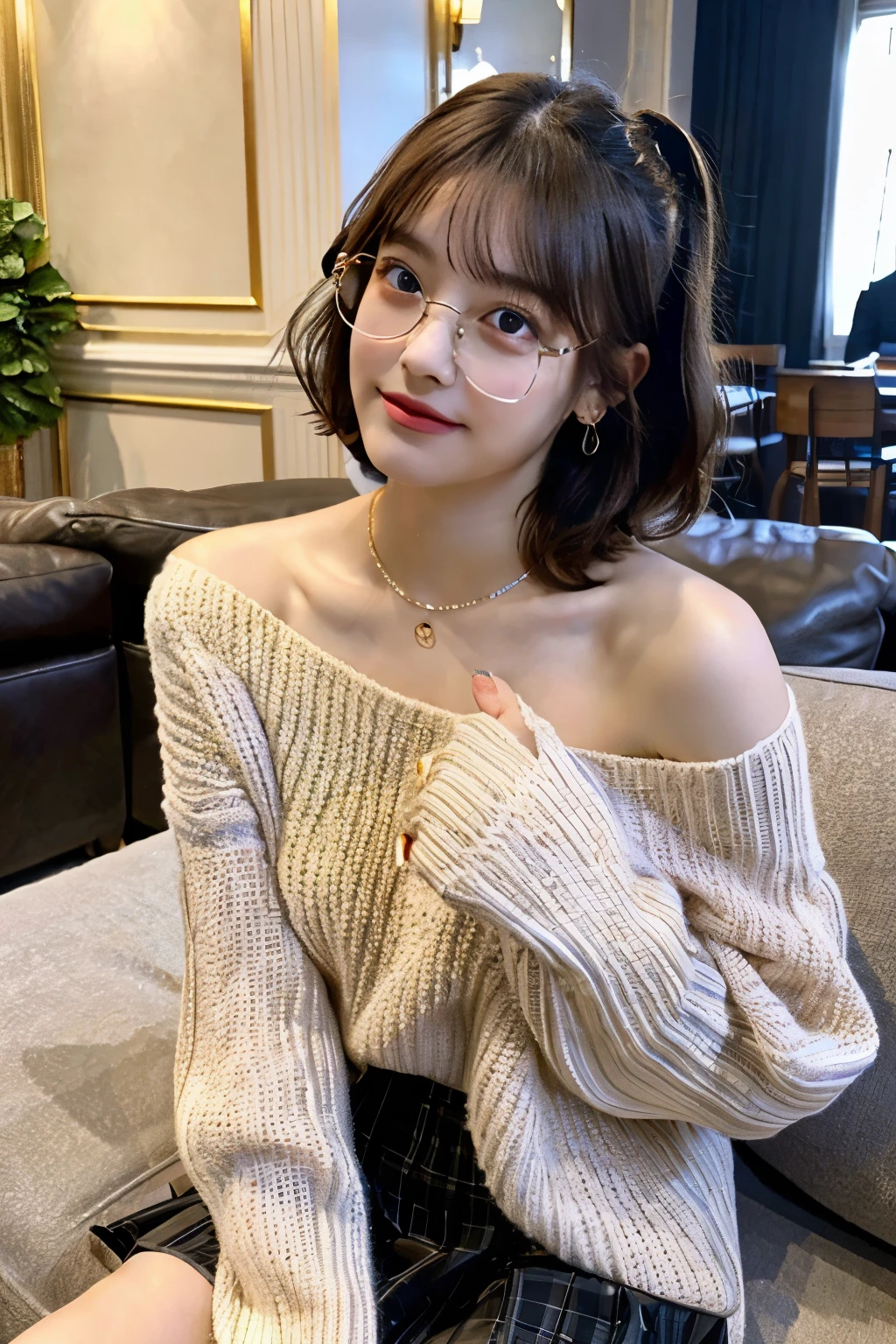 ((best quality)), ((masterpiece)), (detailed), 1girl, off-shoulder sweater, Two sitting on the sofa in the living room of a luxury house。A girl with glasses and short hair wearing school uniform，Another curly hair dress