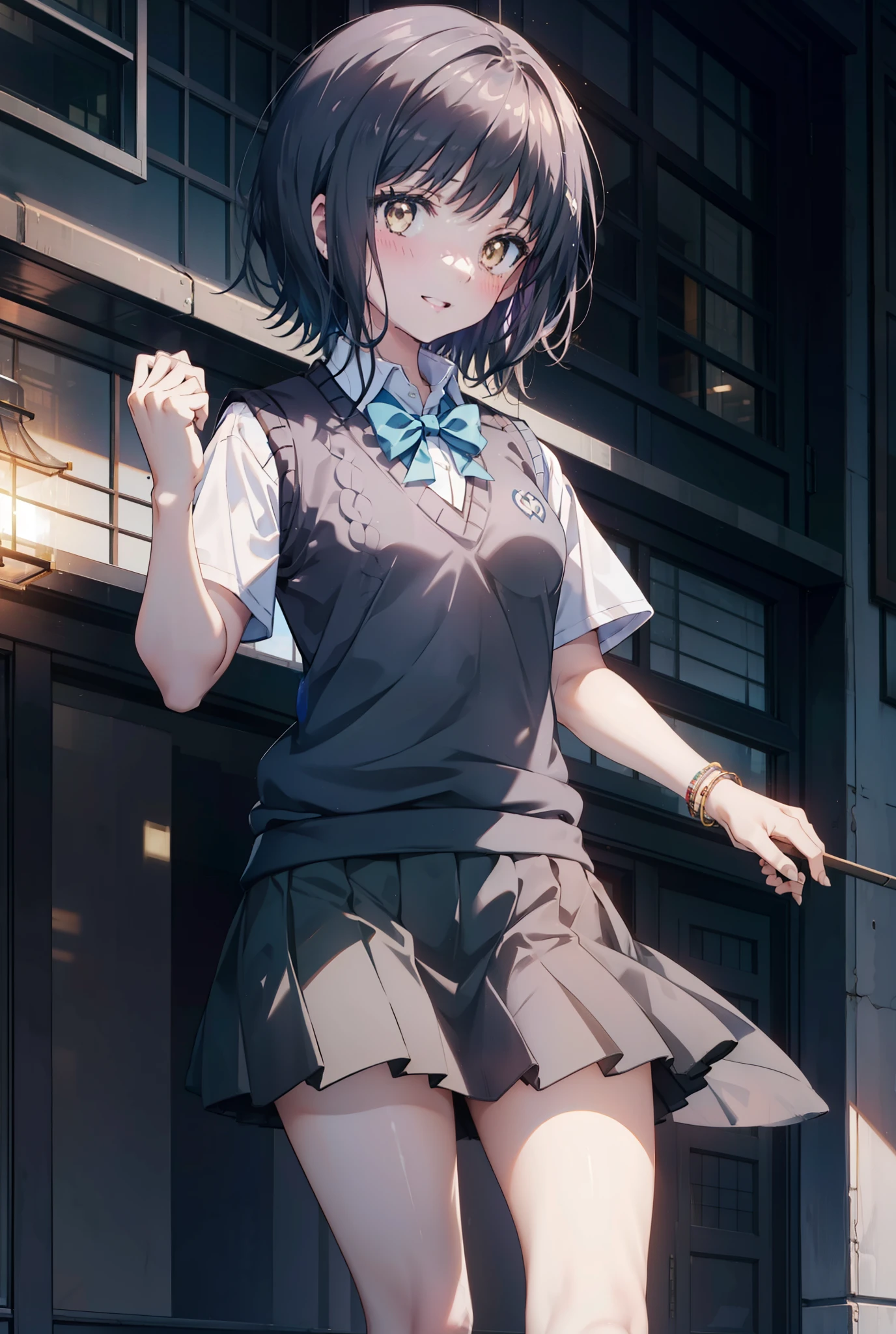 masterpiece, highest quality, Confused, Perfect Anatomy, 1 girl, alone, Itsuwa,short hair,Black Hair,Brown eyes,smile,blush,Open your mouth,Happy atmosphere,Breaking skirt, shirt, bow, ribbon, , white shirt, Short sleeve, Pleated skirt, collared shirt, mini skirt, bowtie, 黒いloafers , Black Skirt, Black pantyhose, loafers, green bow, So that the whole body goes into the illustration, (blue sweater vest:1.5),evening,Sunset,The sun is setting,city,Building Street,(masterpiece:1.2), highest quality, High resolution, unity 8k wallpaper, (shape:0.8), (Beautiful and detailed:1.6), Highly detailed face, Perfect lighting, Highly detailed CG, (Perfect hands, Perfect Anatomy),