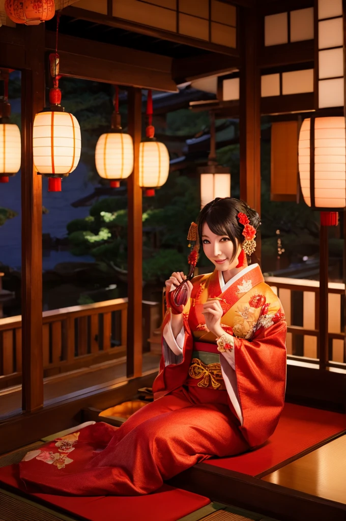 woman１people、Alluring、Oiran、超美people、A stunning beauty that everyone falls in love with、Sitting in a place overlooking Yoshiwara at night、The light of the red lanterns is sparkling、Japanese Landscape、Edo Period、hairdresser