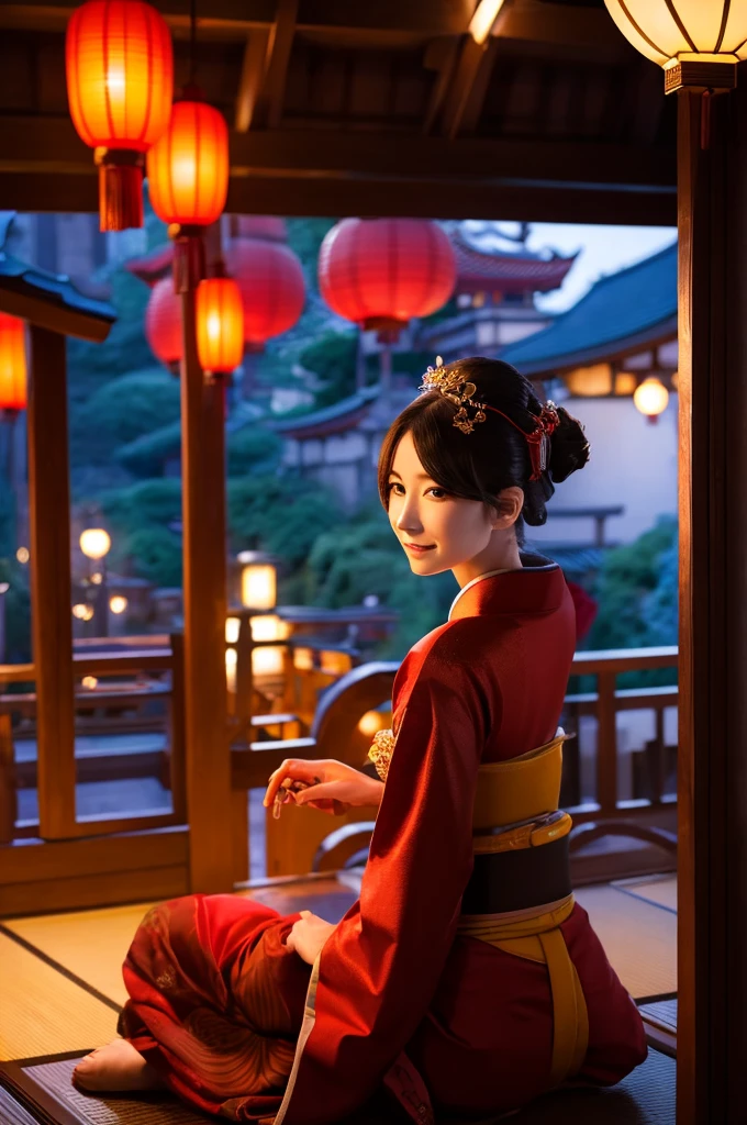 woman１people、Alluring、Oiran、超美people、A stunning beauty that everyone falls in love with、Sitting in a place overlooking Yoshiwara at night、The light of the red lanterns is sparkling、Japanese Landscape、Edo Period、hairdresser