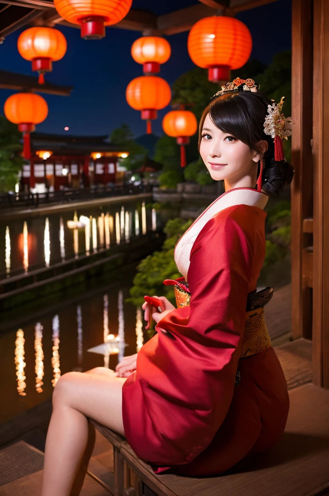 woman１people、Alluring、Oiran、超美people、A stunning beauty that everyone falls in love with、Sitting in a place overlooking Yoshiwara at night、The light of the red lanterns is sparkling、Japanese Landscape、Edo Period、hairdresser