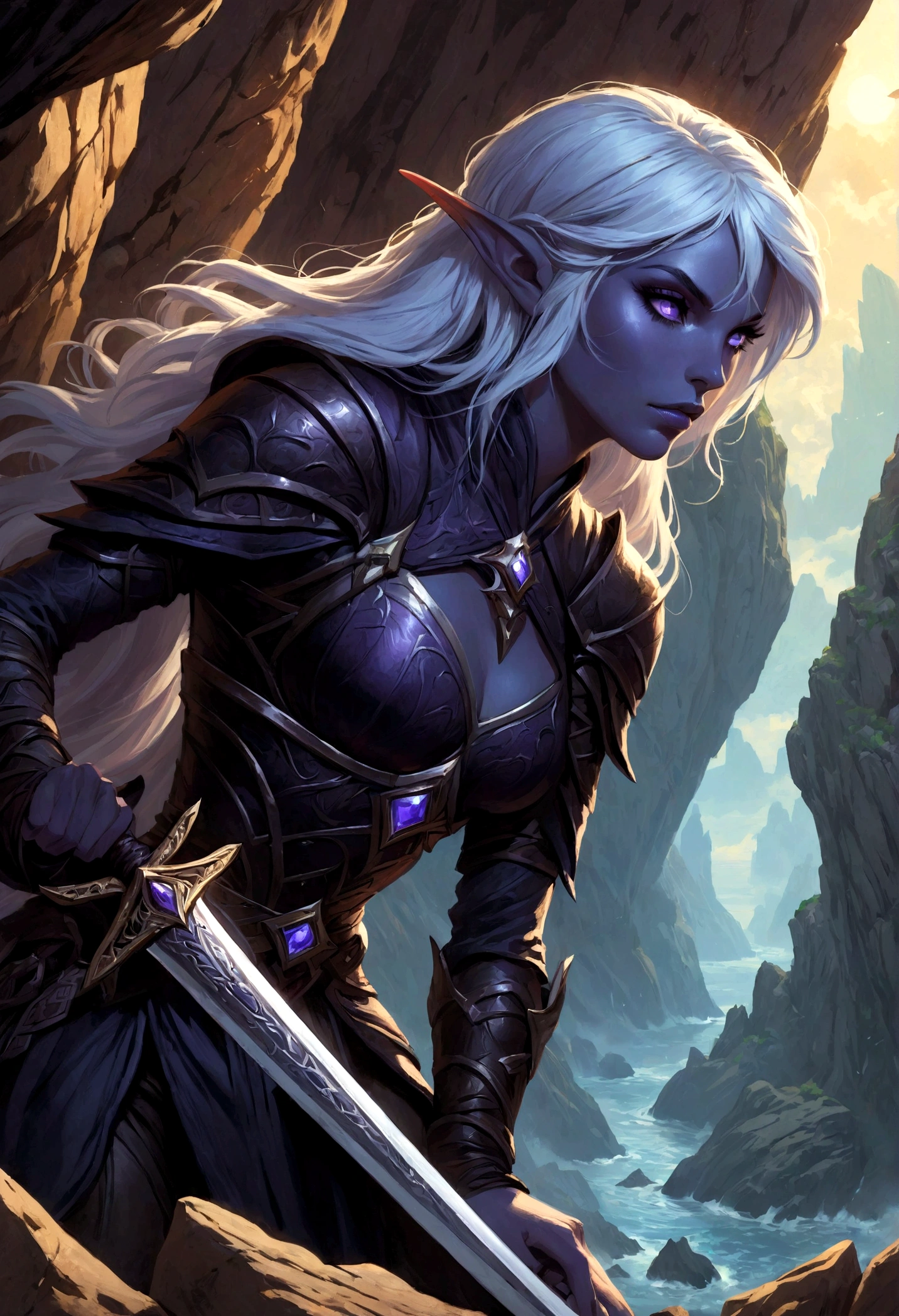 Close-up of a woman holding a sword near the rocks,climb岩，climb， Noah Bradley (Noah Bradley) Inspiring Portraits,Dark Elves，Drow，Dungeons &amp; Dragons，Magic Game，magic