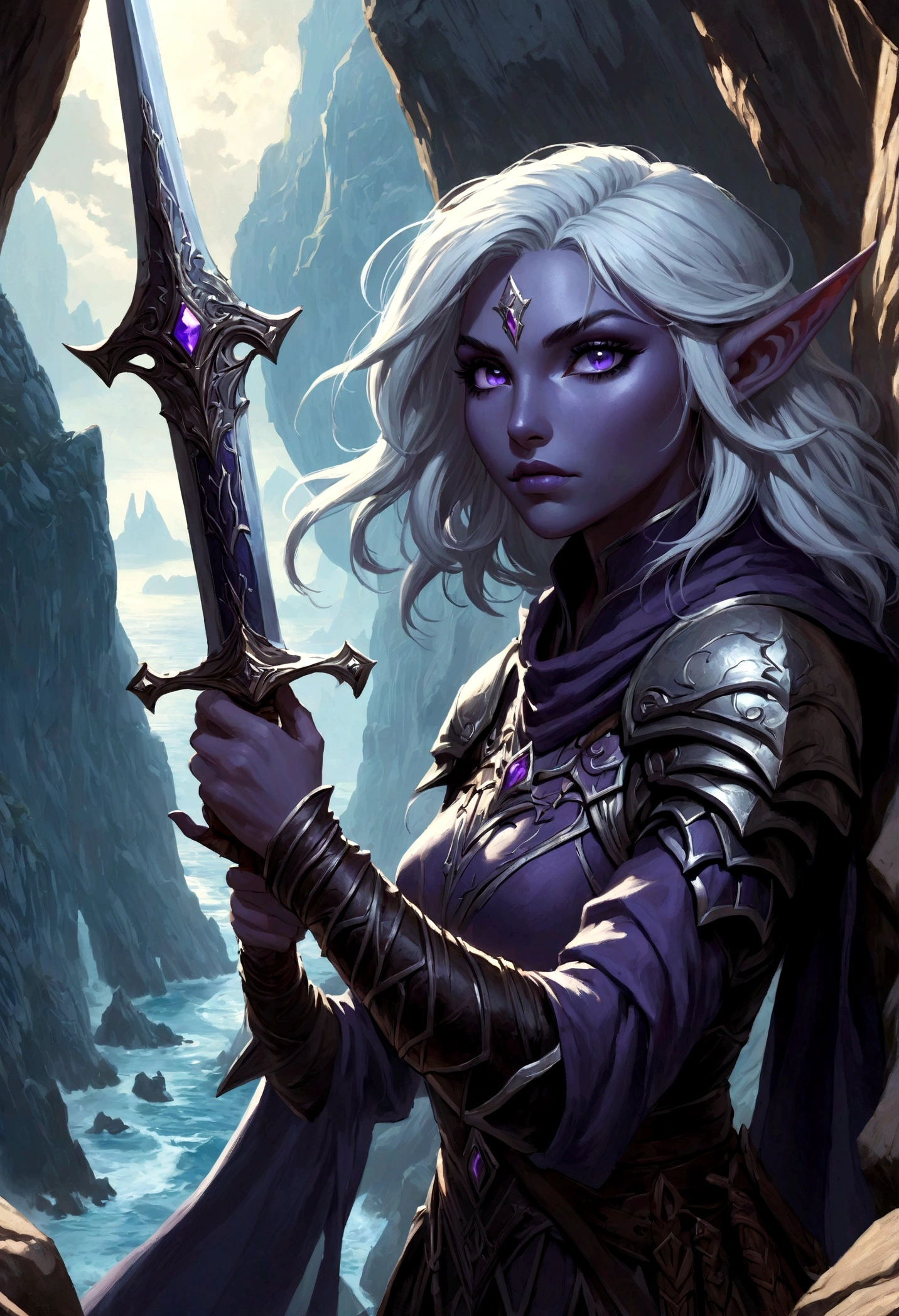 Close-up of a woman holding a sword near the rocks,climb岩，climb， Noah Bradley (Noah Bradley) Inspiring Portraits,Dark Elves，Drow，Dungeons &amp; Dragons，Magic Game，magic