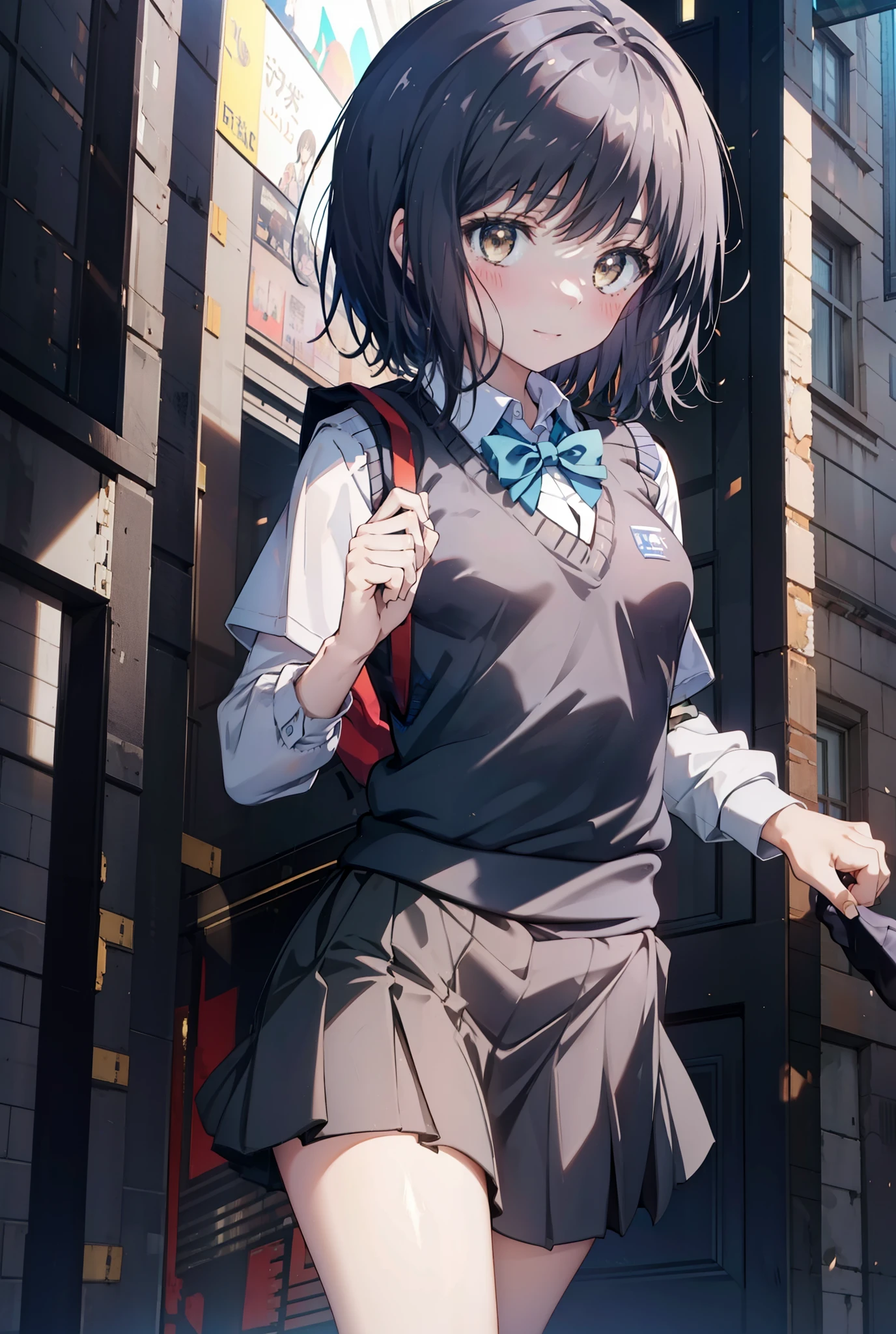masterpiece, highest quality, Confused, Perfect Anatomy, 1 girl, alone, Itsuwa,short hair,Black Hair,Brown eyes,smile,blush,Open your mouth,Happy atmosphere,Breaking skirt, shirt, bow, ribbon, , white shirt, Short sleeve, Pleated skirt, collared shirt, mini skirt, bowtie, 黒いloafers , Black Skirt, Black pantyhose, loafers, green bow, So that the whole body goes into the illustration, (blue sweater vest:1.5),evening,Sunset,The sun is setting,city,Building Street,(masterpiece:1.2), highest quality, High resolution, unity 8k wallpaper, (shape:0.8), (Beautiful and detailed:1.6), Highly detailed face, Perfect lighting, Highly detailed CG, (Perfect hands, Perfect Anatomy),