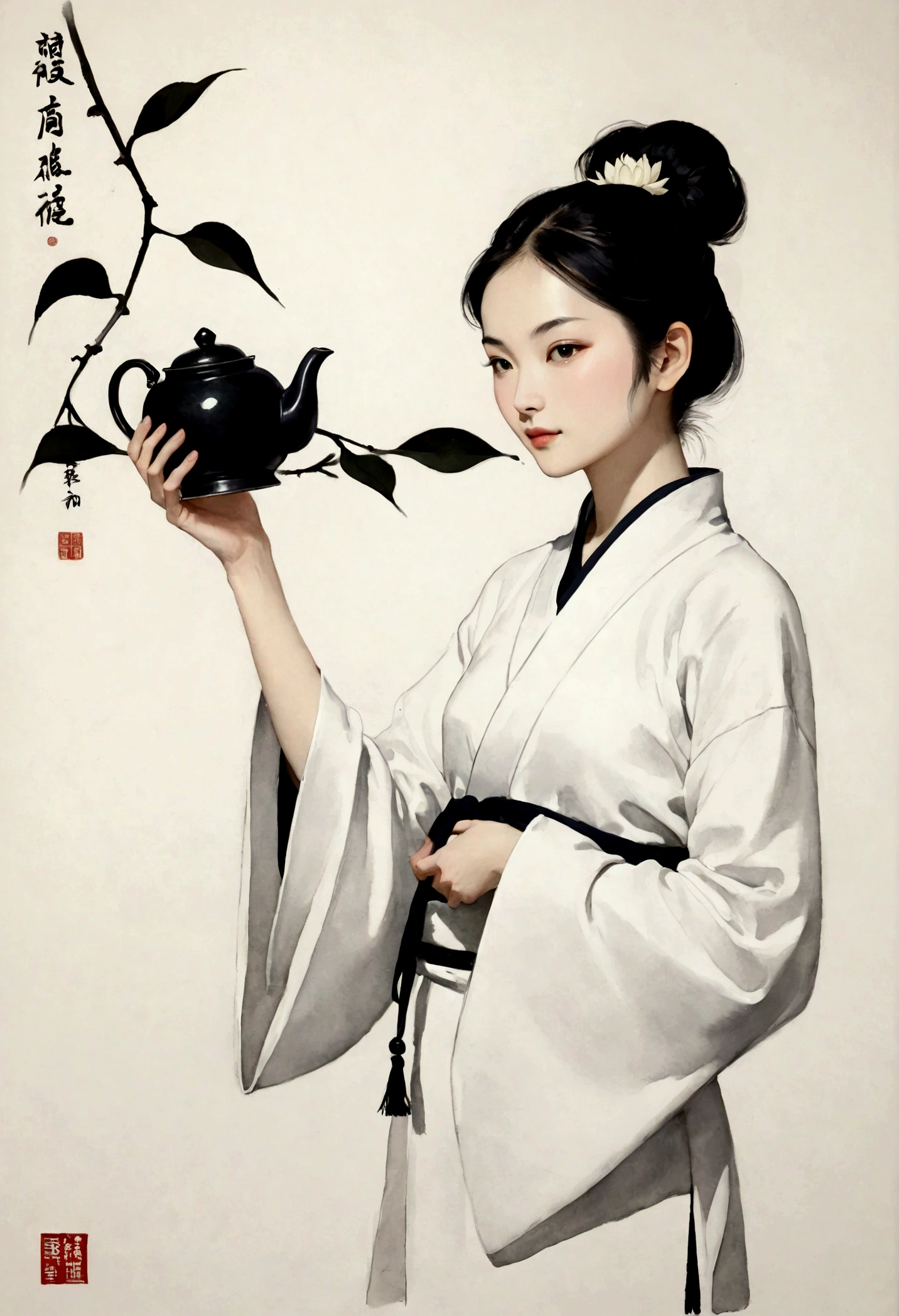 (大量留white:1.5),white, white色背景, simple, Minimalism, abstract,Freehand,Aesthetic,Tai Chi,Gossip,黑与white,Taoist style,Ink Painting,antiquity,Lotus,Girl drinking tea