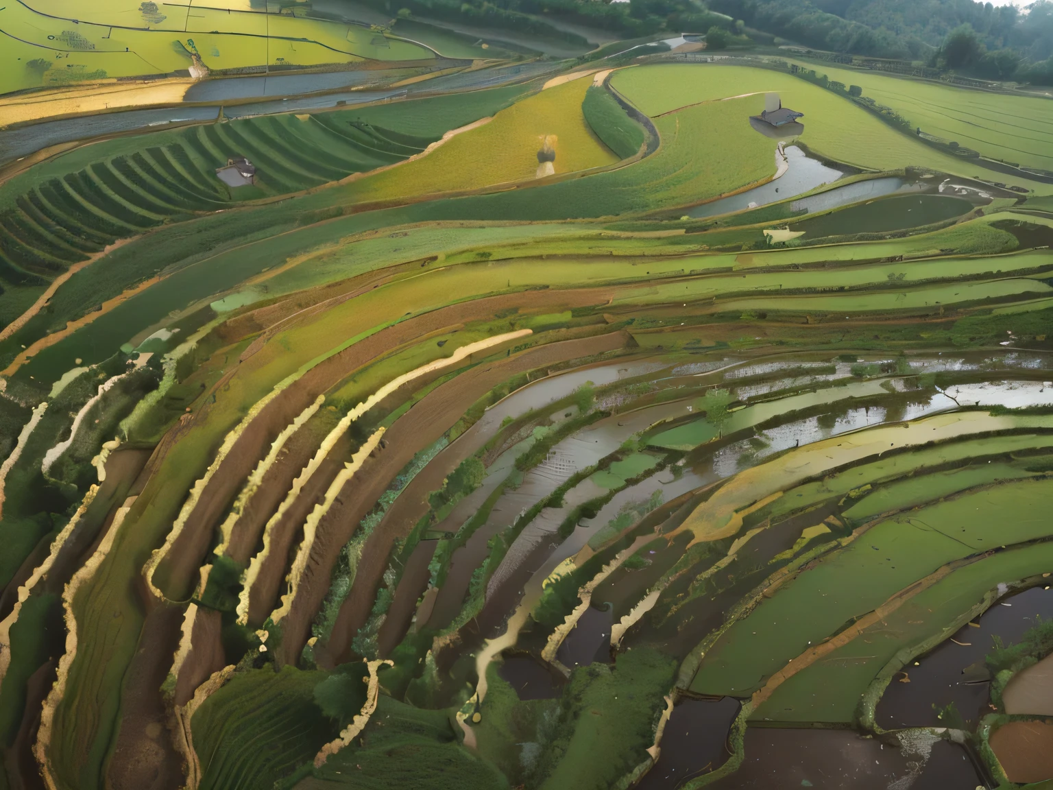 Close-up of a large field,There is a lot of water in the fields, agriculture, rice paddies, rice, National GeographicPhotography, by Liang Kai, Terraced Fields orchards and ponds, Intricate landscape, very beautiful!! aerial shot, Image Source:National Geographic, Ultramarine and Gold, Terraced Fields, by Xia Yong, by Ji Sheng, Terraced Fields