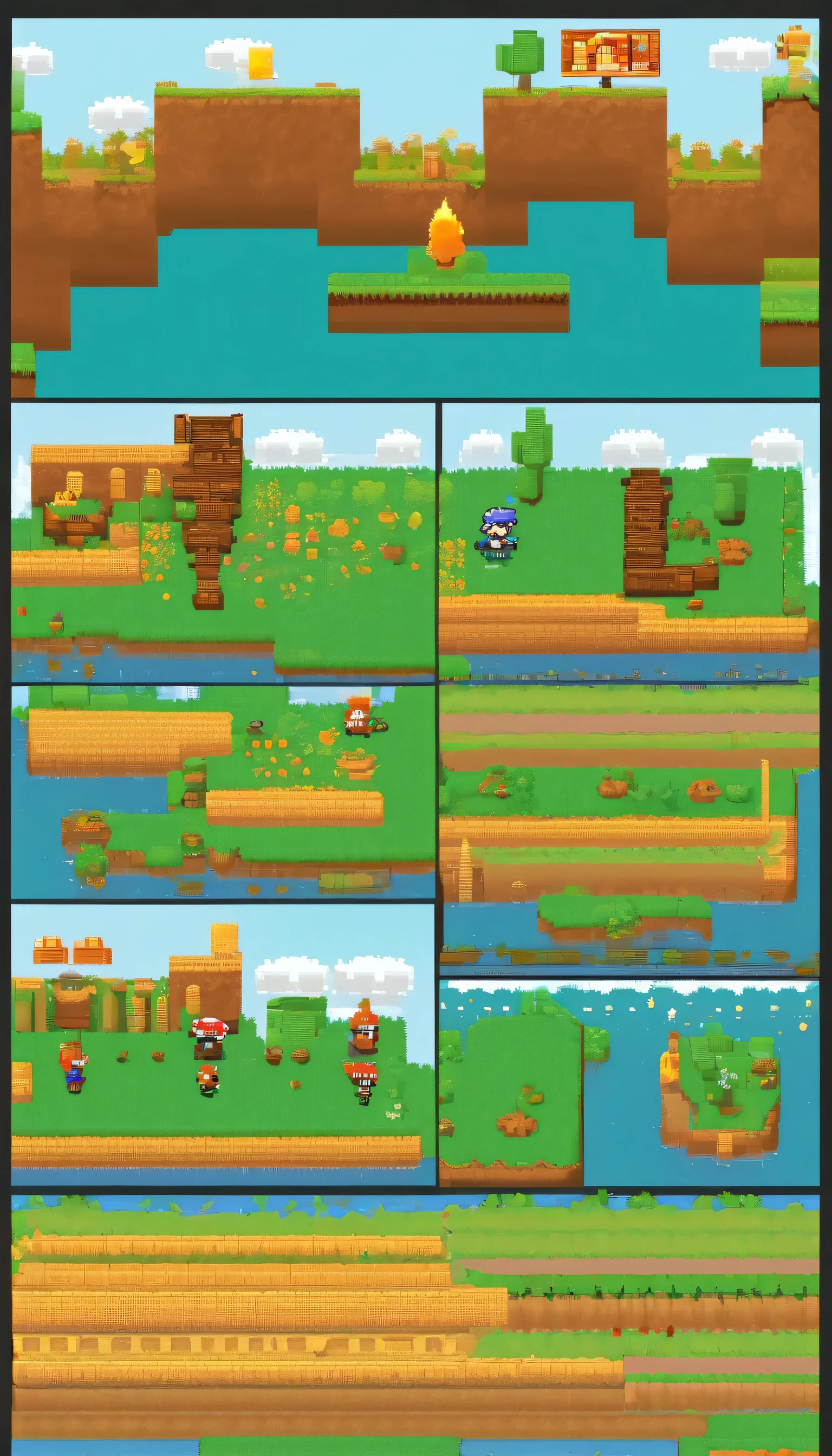 A mario type playground , a landscape which has three obstacles,first one is water, second one is sharp knifes which coming form ground nad final one is fire .make only bqckgrounds ,no character