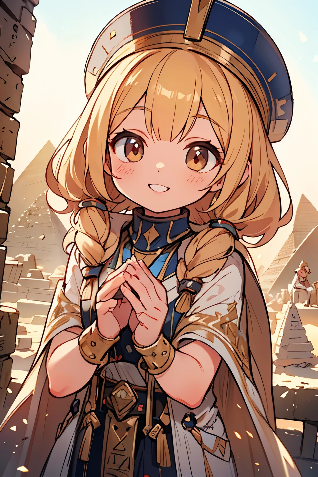 photorealistic, cute chibi girl , visiting Egyptian pyramids, smiling, wearing hat, high quality, 8k, detailed, hyper realistic, intricate details, warm lighting, vibrant colors, cinematic composition, masterpiece