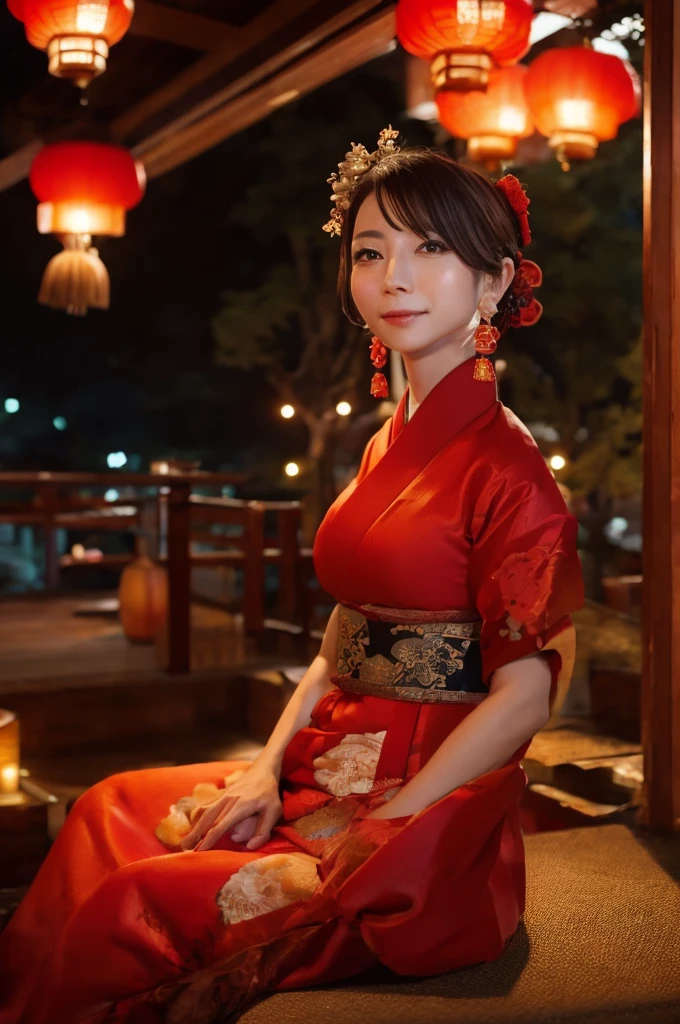 woman１people、Alluring、Oiran、超美people、A stunning beauty that everyone falls in love with、Sitting in a place overlooking Yoshiwara at night、The light of the red lanterns is sparkling、Japanese Landscape、Edo Period、hairdresser