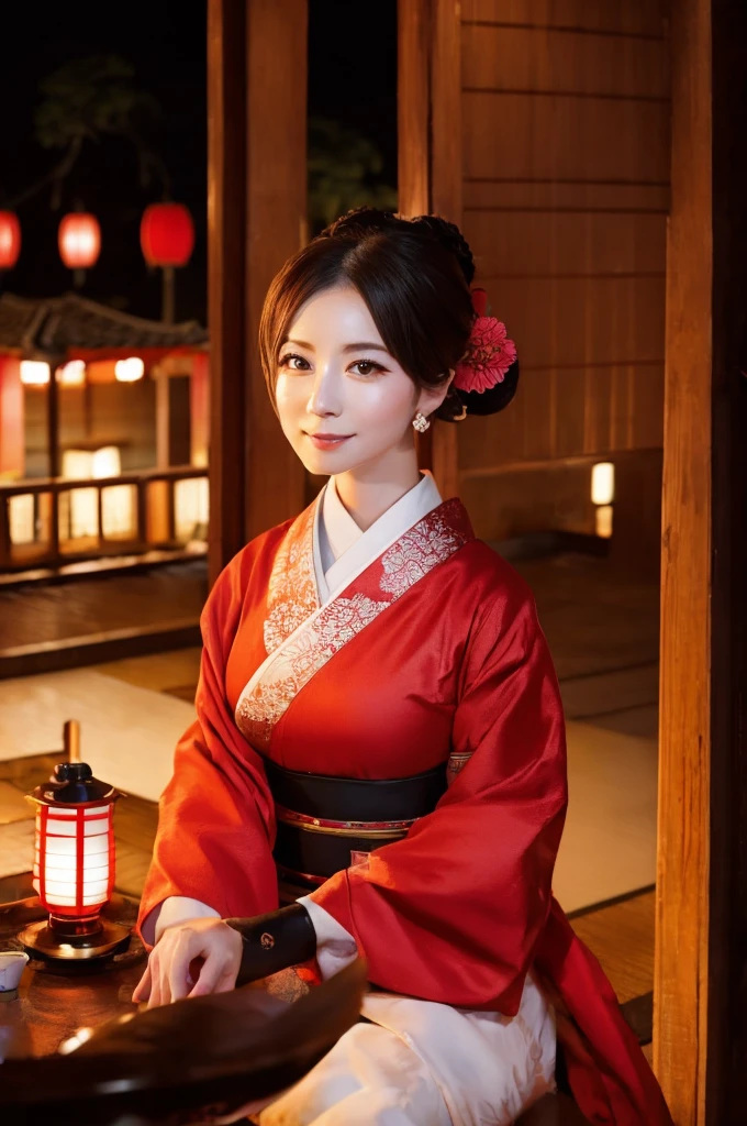 woman１people、Alluring、Oiran、超美people、A stunning beauty that everyone falls in love with、Sitting in a place overlooking Yoshiwara at night、The light of the red lanterns is sparkling、Japanese Landscape、Edo Period、hairdresser