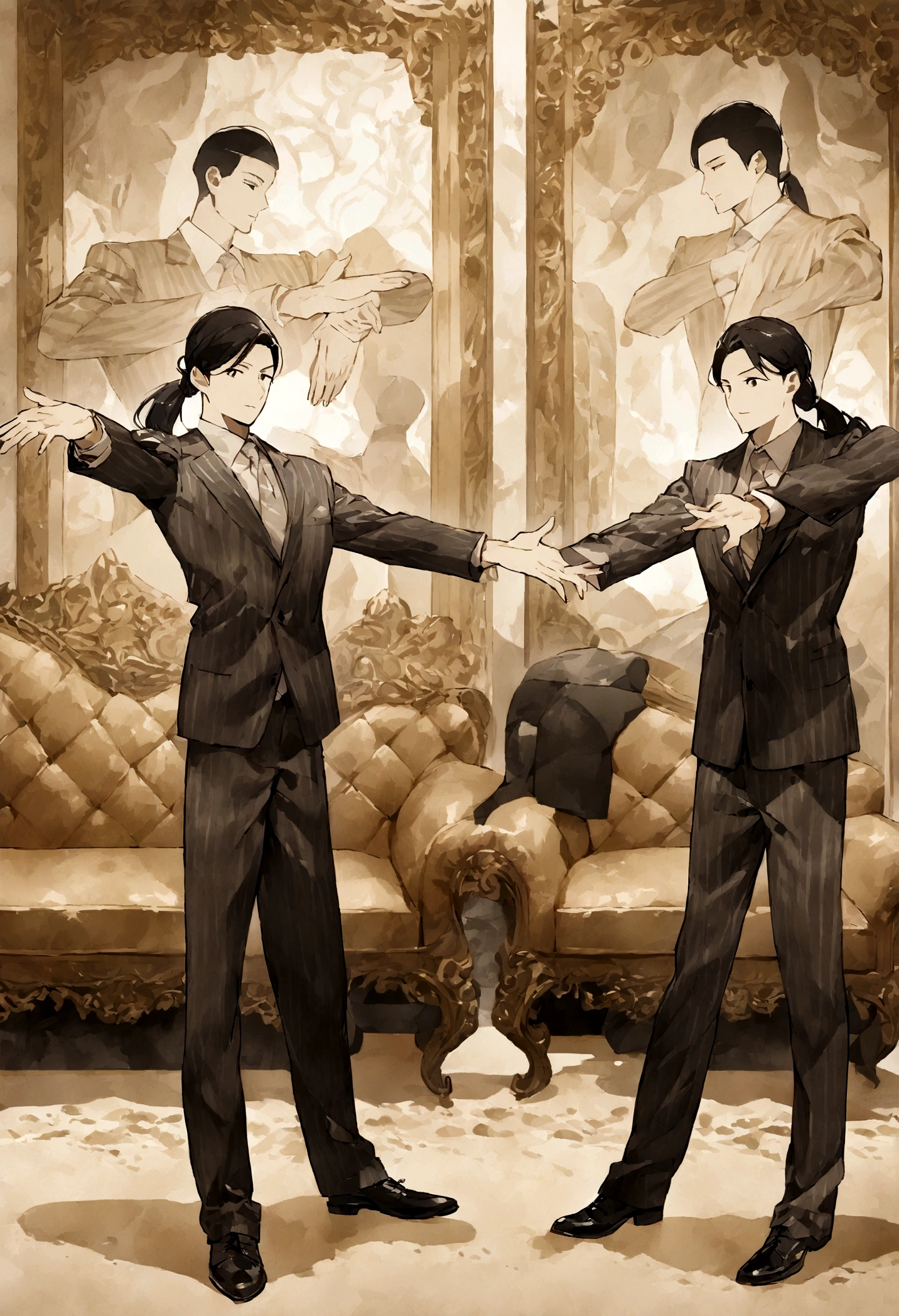 Character standing with arms outstretched, Black Hair (Neck-length hair tied in a ponytail), Good pose, Handsome, Pretty face, Royal elegant pose, Businessman, (Wearing a striped blazer), (The surroundings are luxurious and classic living room) (Sand Tone Image)