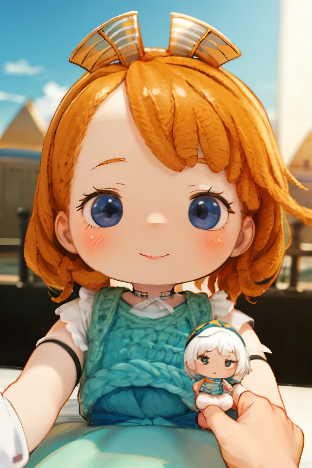 Photorealistic、Chibi Girl Doll（Visit the Egyptian Pyramids、smile、Adventurer Style）