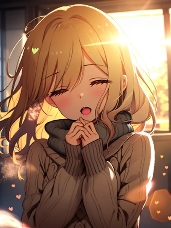 girl, Wear a cozy sweater, Upper Body, (LOL:1.1), (Open your mouth:1.1), (Eyes Wide Open:1.2), Sun glare, Bokeh, Depth of written boundary, Blurred Background, Particles of light, Strong winds, (Heart Particles:1.1)