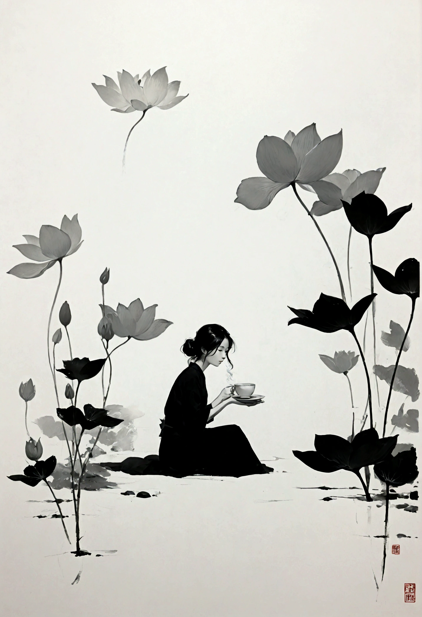 (Lots of white space:1.5),(Lots of white space around:1.6), White background, simple, Minimalism, abstract,Freehand,Aesthetic,black and white,Ink Painting,antiquity,Lotus,Girl drinking tea,一幅abstract的艺术插图, author:Li Song, Arte no estilo de guweiz, arte shin jinyoung, Obra-prima de guweiz, Ross chart 1. 0, Beautiful digital illustrations, Inspired by non-WLOP, simple數位藝術, jingna zhang, guweiz, Stunning digital illustrations