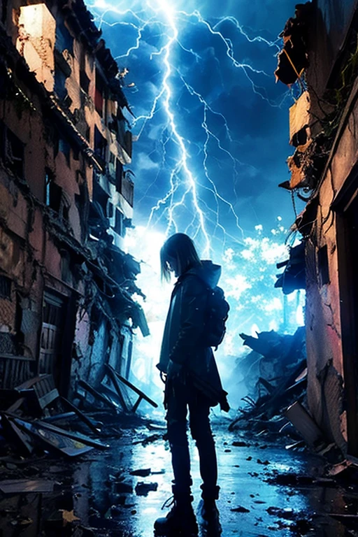 Lightning-like aura、In the ruined city