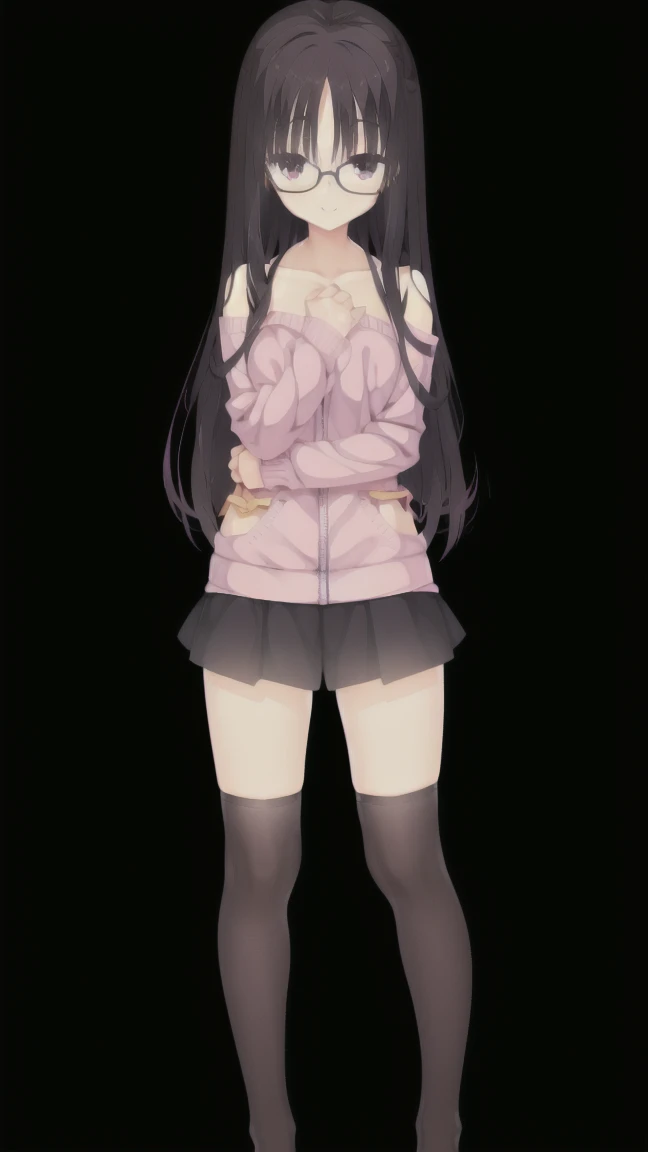 1girl,solo,smiling, glasses, woman, brown hair, medium hair, A frilly pink sweater with exposed shoulders, black skirt with a ribbon,medium breast, full body, full body, thigh-highs,Character portrait, whole body, expensive_solve, clear_image, expensive_Contrast, 8k, Sparkling, beautiful_detailed_face_and_eye, (Black Hair:1.25), 白 eye,Black background