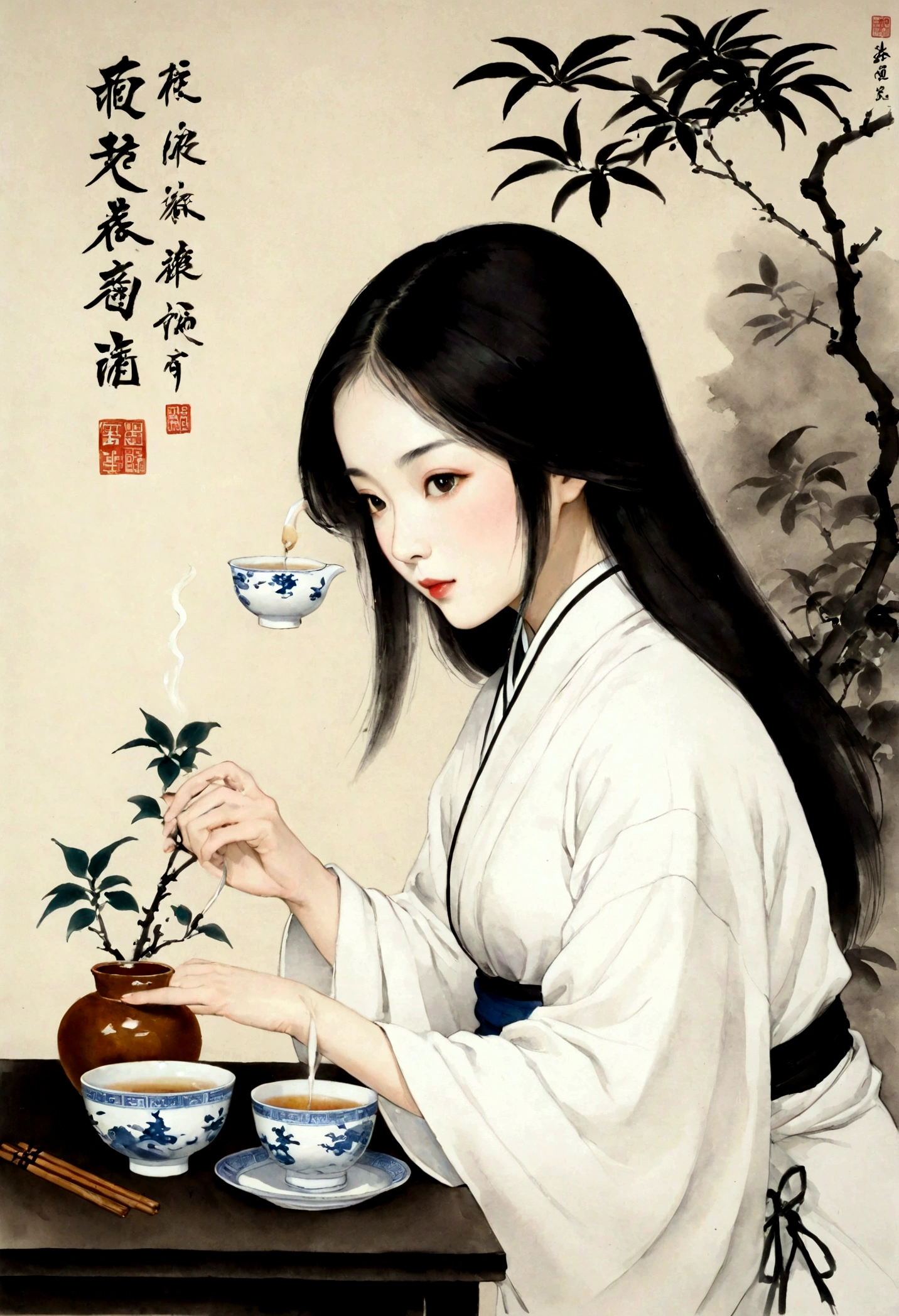 (大量留white:1.5),white, white色背景, simple, Minimalism, abstract,Freehand,Aesthetic,Tai Chi,Gossip,黑与white,Taoist style,Ink Painting,antiquity,Lotus,Girl drinking tea, 中国传统Ink Painting, Traditional Chinese Art, author:Guo Xi, author:Ma Yuoneyu, traditional Chinese painting, author:Xu Xi, author:Luo Mu, author:Yoneg Buzhi, author:Li Kelone, author:wisdom'one, Ink Painting ) ) ) ), 中国Ink Painting, 中traditional Chinese painting风格