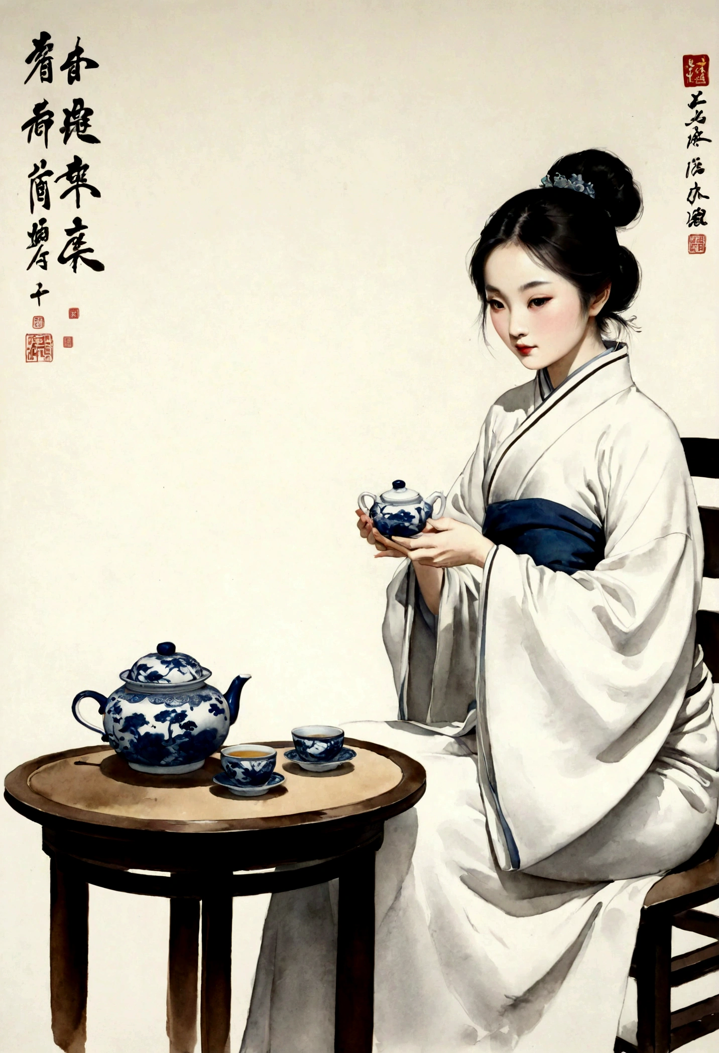 (大量留white:1.5)，white, white色背景, simple, Minimalism, abstract,Freehand，Aesthetic，Tai Chi，Gossip，黑与white，Taoist style，Ink Painting，antiquity，Lotus，Girl drinking tea， 中国传统Ink Painting, Traditional Chinese Art, author：Guo Xi, author：Ma Yuoneyu, traditional Chinese painting, author：Xu Xi, author：Luo Mu, author：Yoneg Buzhi, author：Li Kelone, author：wisdom&#39;one, Ink Painting ) ) ) ), 中国Ink Painting, 中traditional Chinese painting风格