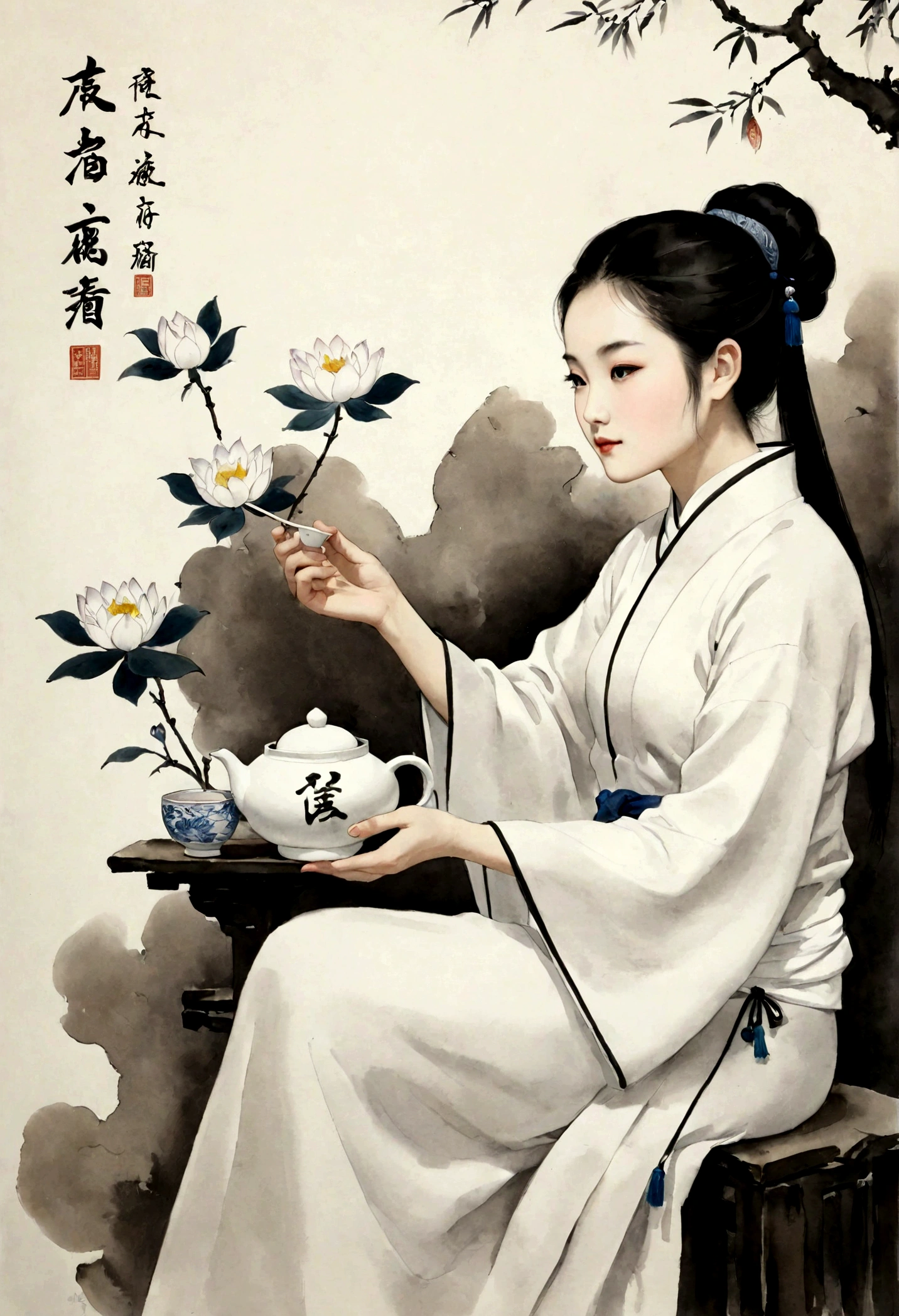 (大量留white:1.5)，white, white色背景, simple, Minimalism, abstract,Freehand，Aesthetic，Tai Chi，Gossip，黑与white，Taoist style，Ink Painting，antiquity，Lotus，Girl drinking tea， 中国传统Ink Painting, Traditional Chinese Art, author：Guo Xi, author：Ma Yuoneyu, traditional Chinese painting, author：Xu Xi, author：Luo Mu, author：Yoneg Buzhi, author：Li Kelone, author：wisdom&#39;one, Ink Painting ) ) ) ), 中国Ink Painting, 中traditional Chinese painting风格