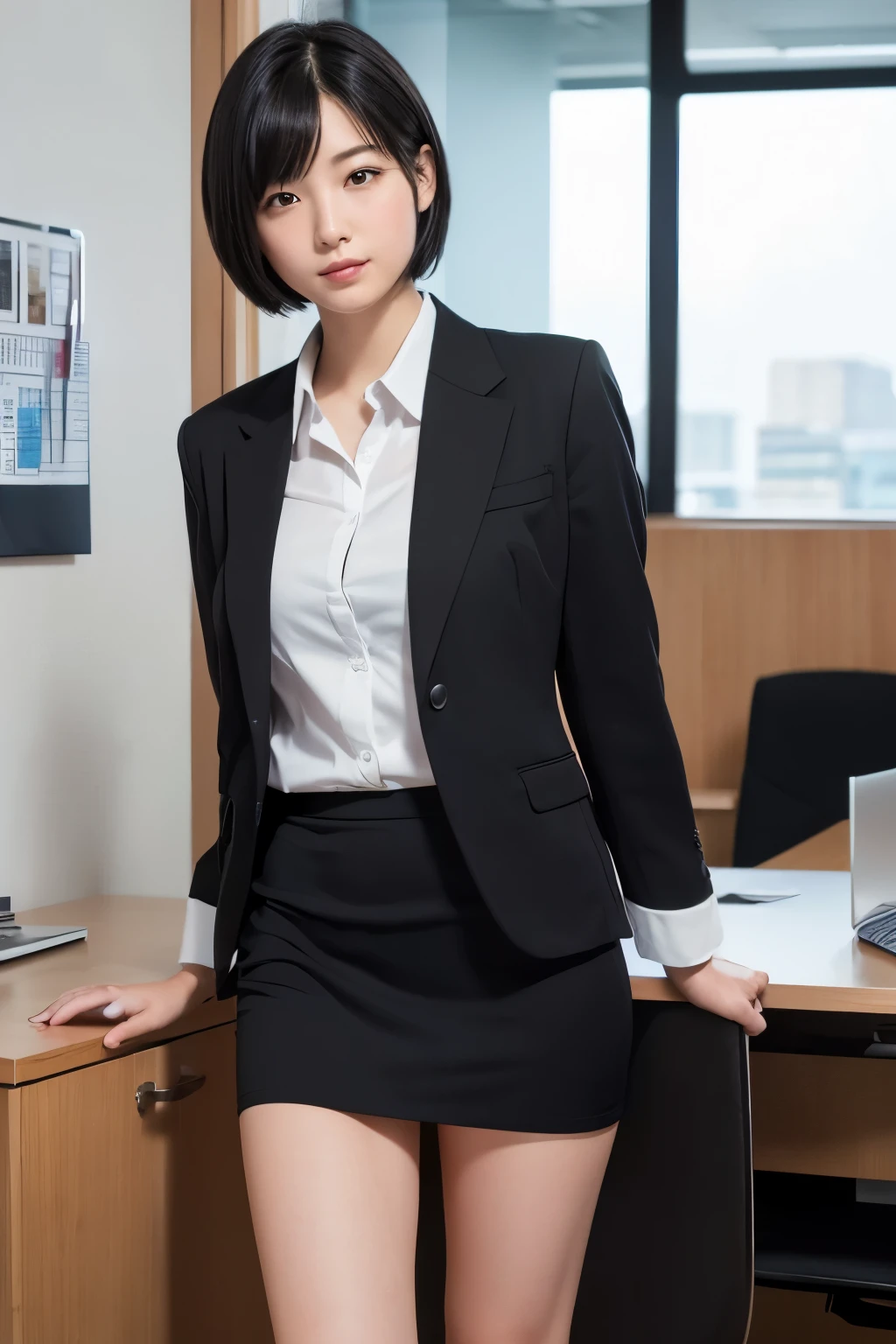 (High resolution:1.3), (16k, Realistic, RAW Photos, SNS Photos, Best image quality: 1.4), Japanese, (One Girl), Beautiful Face, (Lively Faces), (Black-haired、short hair:1.3), Beautiful Hairstyles, Realistic eyes, Beautiful and detailed eyes, (Realistic Skin), Beautiful skins, Charm, 超A high resolution, Surreal, High detail, Golden Ratio, Highly detailed cute girl,(20-year-old), office, Half naked, suit, Business Skirt
