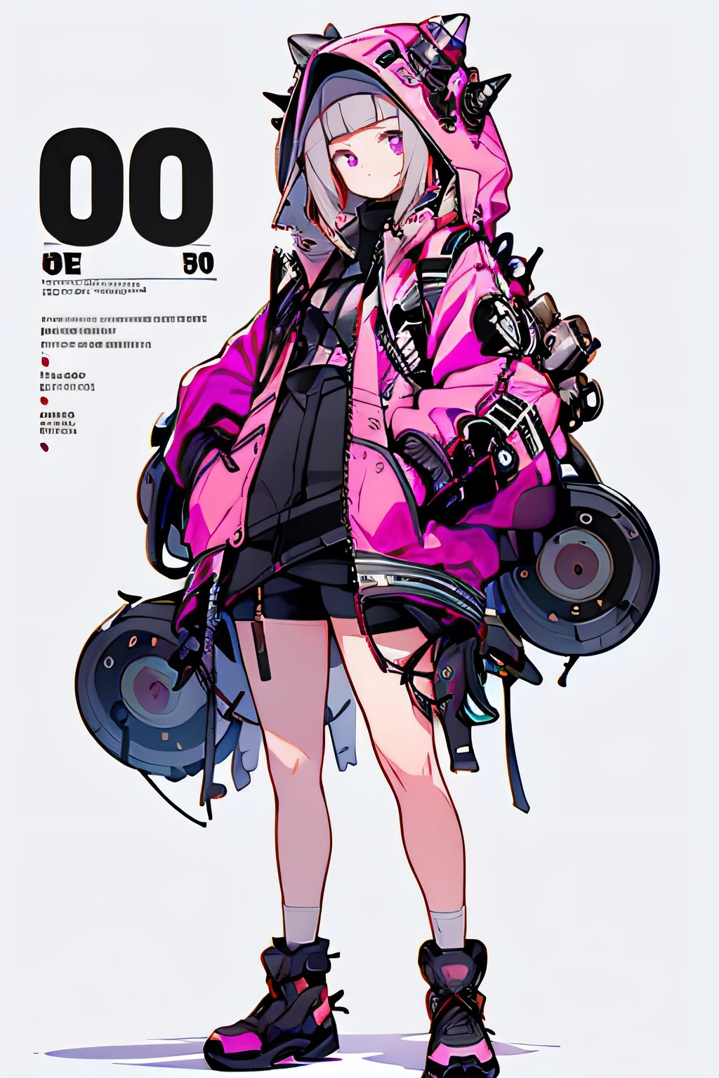 1girl, solo, looking_at_viewer, bangs, simple_background, pink_eyes, hat, long_sleeves, closed_mouth, pink_hair, standing, jacket, full_body, open_clothes, hood, blunt_bangs, grey_background, open_jacket, sleeves_past_wrists, shadow, pink_jacket, zipper, pink_headwear, sleeves_past_fingers, hands_in_pockets