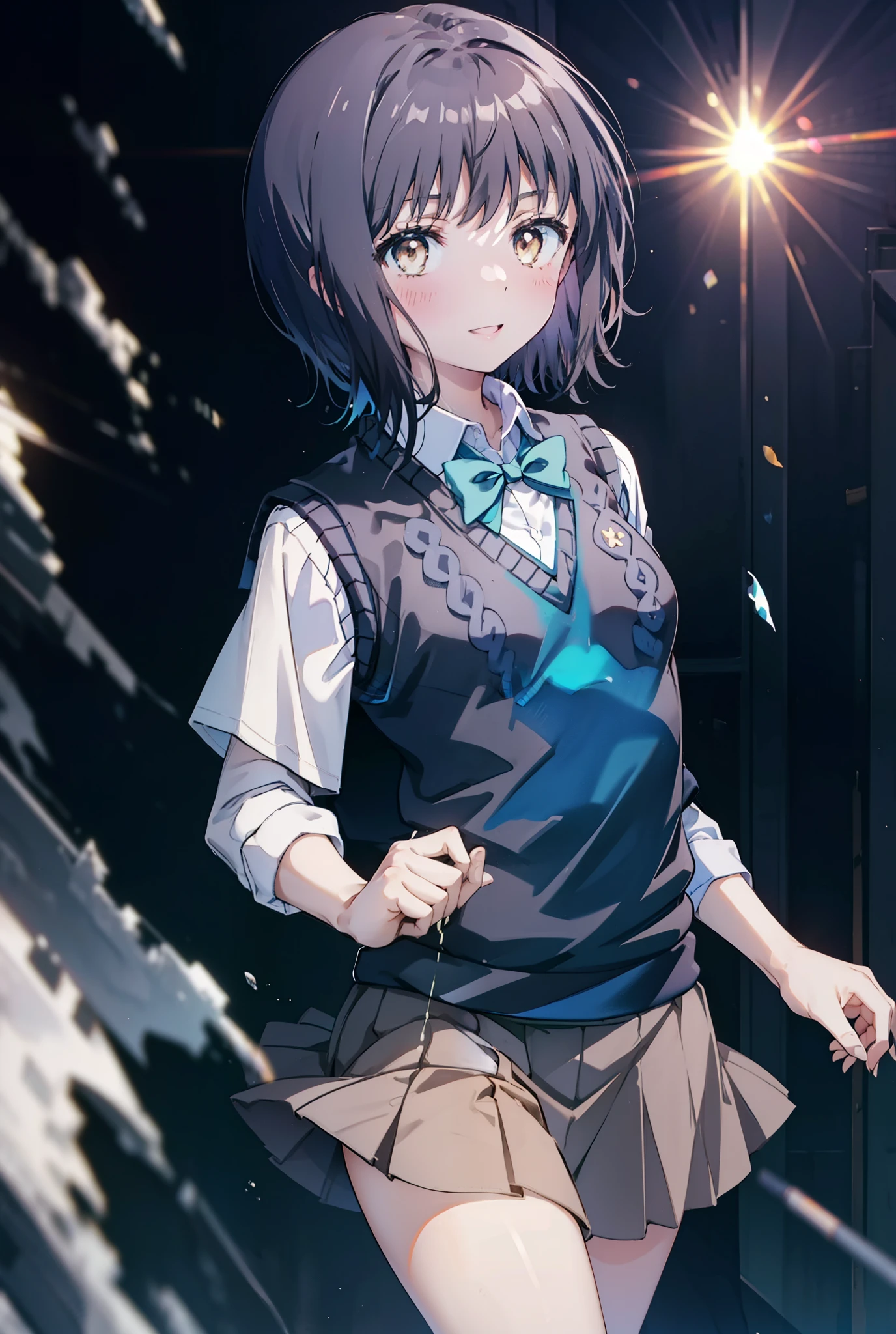 masterpiece, highest quality, Confused, Perfect Anatomy, 1 girl, alone, Itsuwa,short hair,Black Hair,Brown eyes,smile,blush,Open your mouth,Happy atmosphere,Breaking skirt, shirt, bow, ribbon, , white shirt, Short sleeve, Pleated skirt, collared shirt, mini skirt, bowtie, 黒いloafers , Black Skirt, Black pantyhose, loafers, green bow, So that the whole body goes into the illustration, (blue sweater vest:1.5),evening,Sunset,The sun is setting,