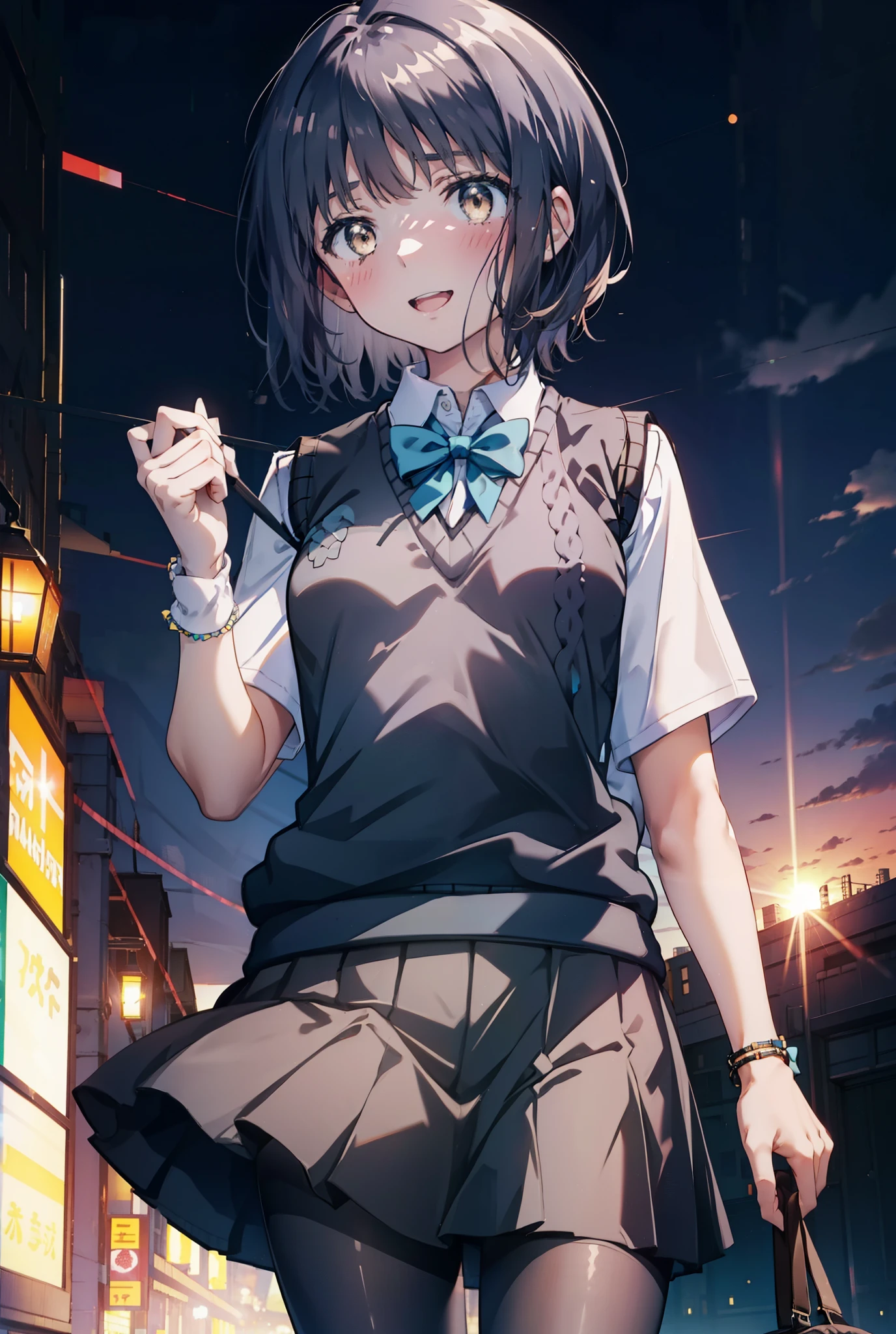 masterpiece, highest quality, Confused, Perfect Anatomy, 1 girl, alone, Itsuwa,short hair,Black Hair,Brown eyes,smile,blush,Open your mouth,Happy atmosphere,Breaking skirt, shirt, bow, ribbon, , white shirt, Short sleeve, Pleated skirt, collared shirt, mini skirt, bowtie, 黒いloafers , Black Skirt, Black pantyhose, loafers, green bow, So that the whole body goes into the illustration, (blue sweater vest:1.5),evening,Sunset,The sun is setting,