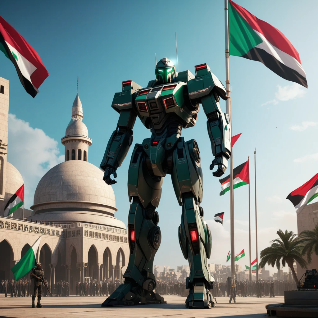 a futuristic palace of palestine, an arabic leader rise the flag of palestine, victory, cyberpunk, mecha, flags of palestine, highly detailed, 8k, photorealistic, cinematic lighting, dramatic, vivid colors, concept art style, celebration, party flags