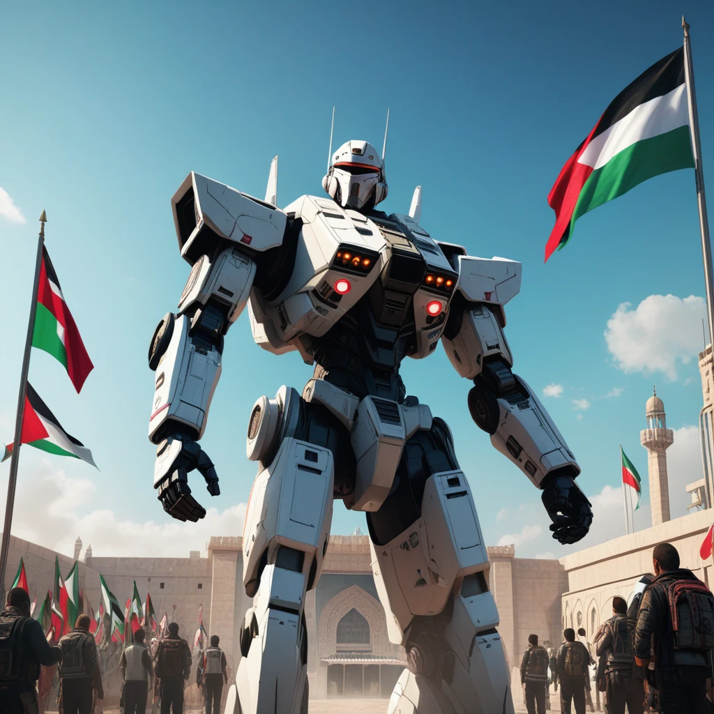 a futuristic palace of palestine, an arabic leader rise the flag of palestine, victory, cyberpunk, mecha, flags of palestine, highly detailed, 8k, photorealistic, cinematic lighting, dramatic, vivid colors, concept art style, celebration, party flags