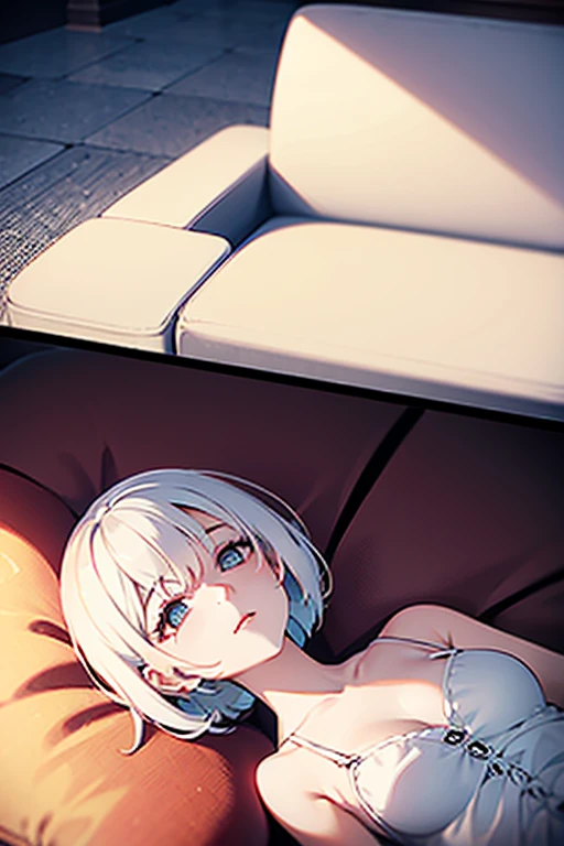 (white short hair)(red eye)(midnight)(asleep)(sleep on sofa)(see the floor)(Third perspective) 4k