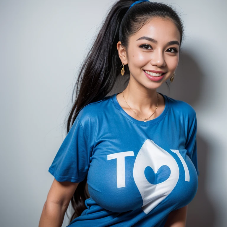 (Extreme Wide Shot:1.3),(street art:1.5),(super highponytail hair),(forehead),(Beautiful huge breasts:1.5),(Slim waist:1.3),(T-shirt:1.5), necklace,Earrings,highest quality,(((masterpiece))),8k,Photorealistic,thai women:1.5,(Thin eyebrows),(smile:1.3),
