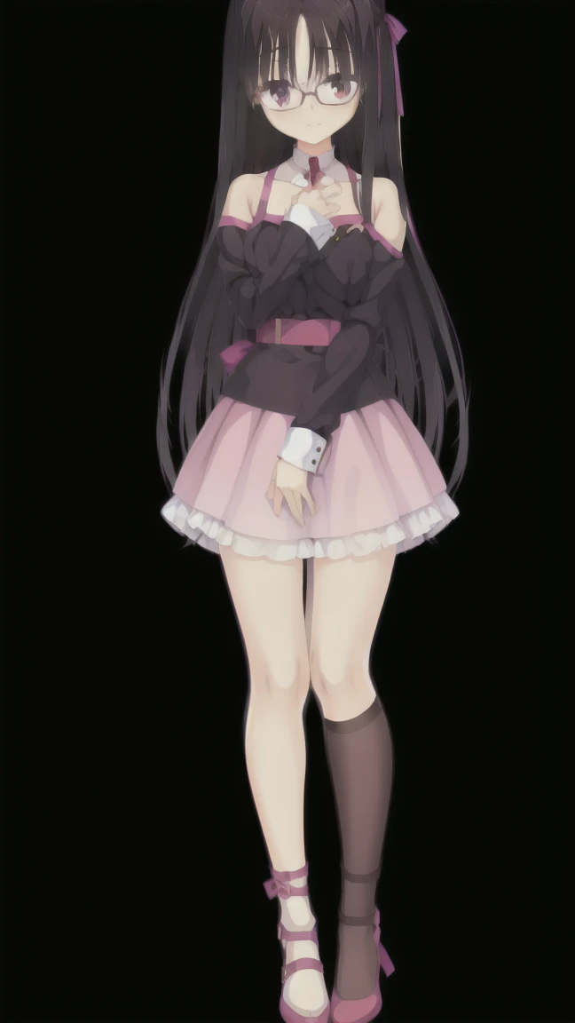 1girl,solo,smiling, glasses, woman, brown hair, medium hair, A frilly pink sweater with exposed shoulders, black skirt with a ribbon,medium breast, full body, full body, thigh-highs,Character portrait, whole body, expensive_solve, clear_image, expensive_Contrast, 8k, Sparkling, beautiful_detailed_face_and_eye, (Black Hair:1.25), 白 eye,Black background