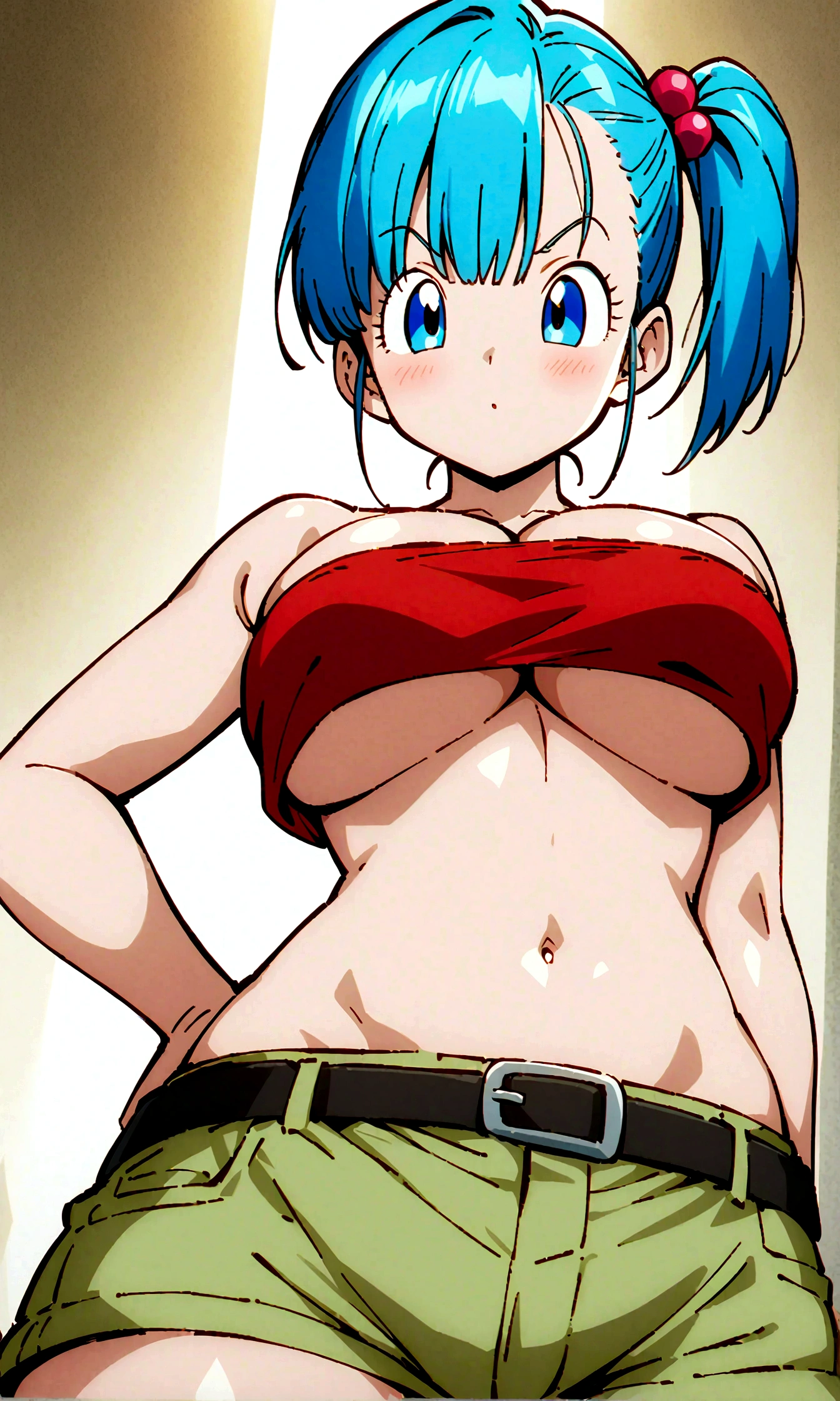 score_9, score_8_up, score_7_up, BREAK from side,from below,mediumshot,1girl,bulma, blue eyes, blue hair,bare shoulders, belt, cleavage, hair bobbles, hair ornament, hair over shoulder, (large breast),midriff, navel, one side up, red tube top, shorts, side ponytail, (strapless, tube top,under_boob:1.2),(hand on own hip),masterpiece, best quality, detailed body, highly detailed, anime coloring.