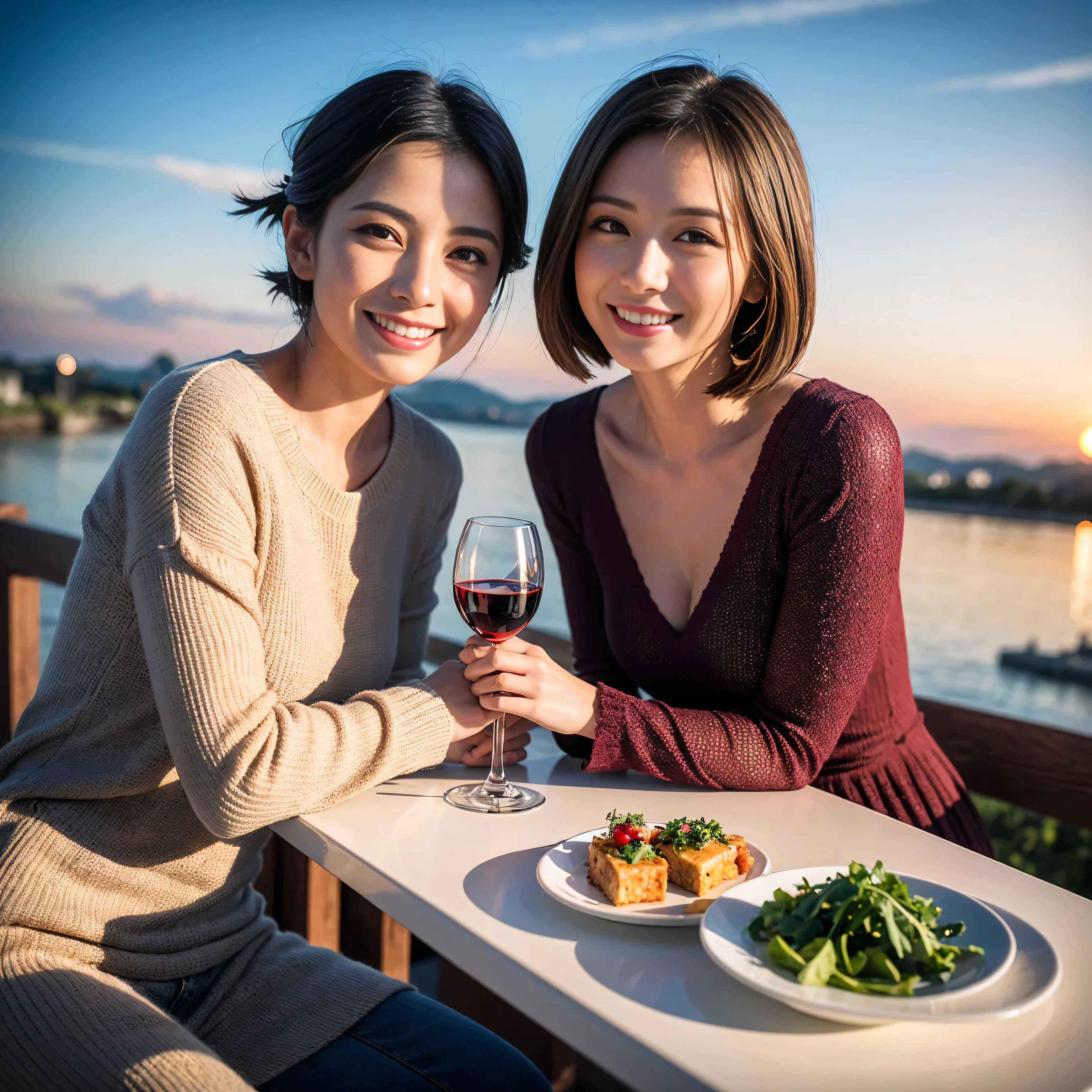 ((highest quality、8k、masterpiece:1.3))、 (Realistic, Real、Bright image、Intricate details:1.2), 1 male 1 female、Satomi Ishihara-like beautiful couple、lover、couple、spouse、Beautiful couple、Happy smile、full-course dinner、 (Slim face), (Slim Body), (Brown Hair), (Short Hair), Wine glass on the table、Please put light on my face、 Amazing view of the sunset sky and clouds、 (Age 35), 39 years old, red wine 、Appetizers、Wine bottle、sparkling wine、Long sleeve shirt、dress、White wine, red wine, wine glass,