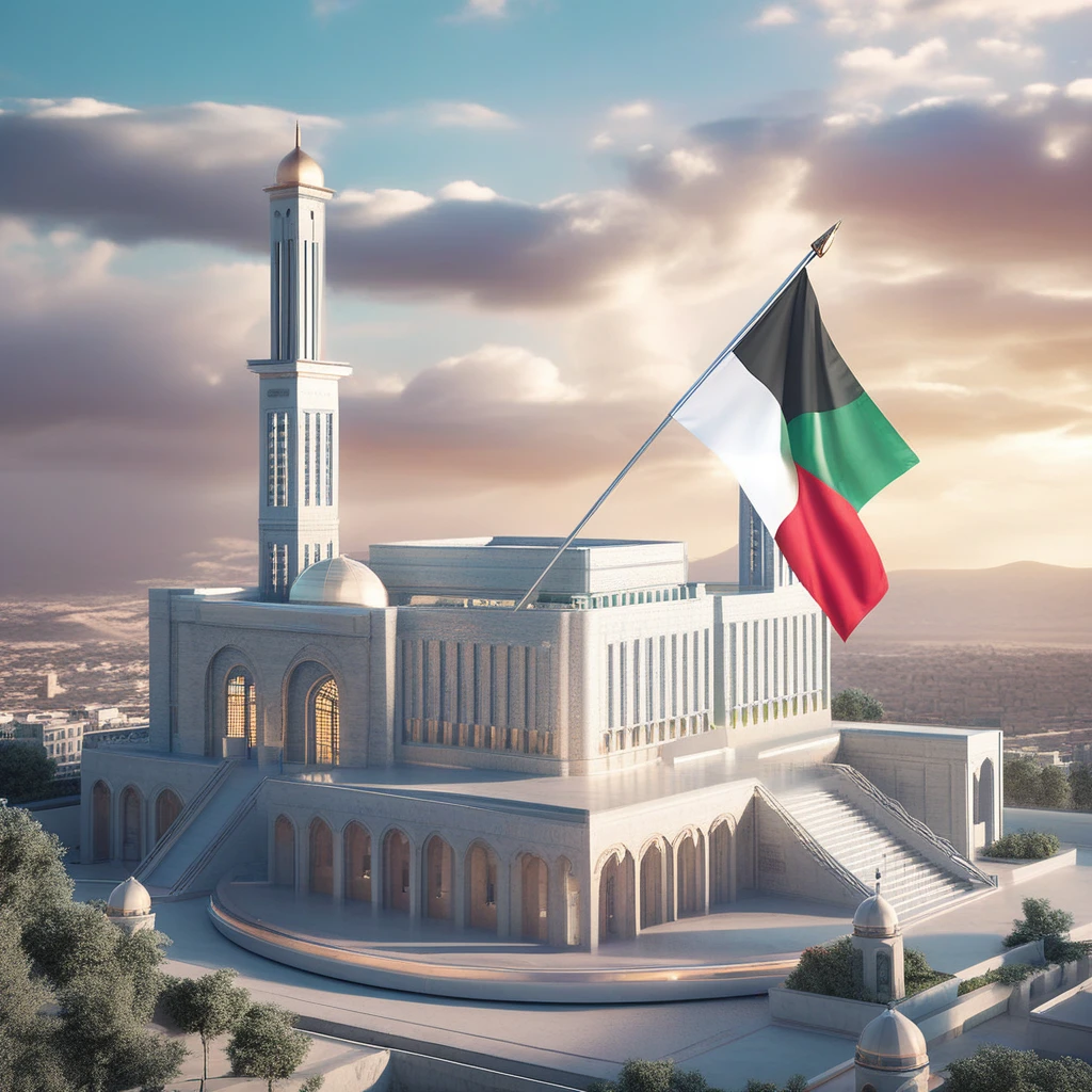 a futuristic palace of palestine, an arabic leader rise the flag of palestine, victory, cyberpunk, mecha, flags of palestine, highly detailed, 8k, photorealistic, cinematic lighting, dramatic, vivid colors, concept art style, celebration, party flags