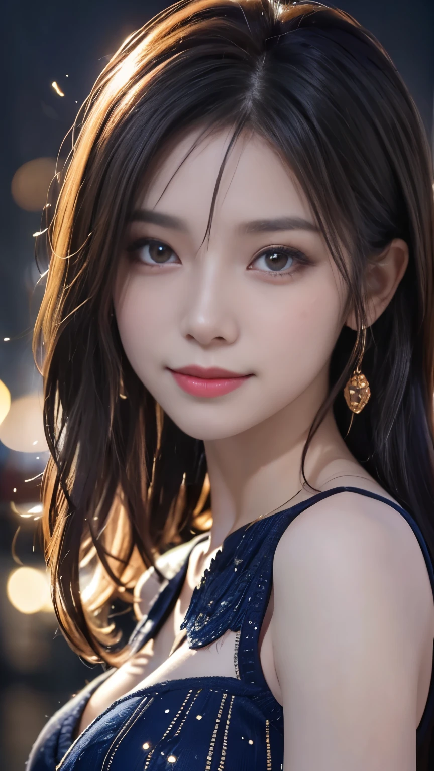 Body portrait, 8K, thin and beautiful eyes, Dindal effect, masterpiece, top quality, high quality, high resolution, very detailed photo, (natural skin texture, fine skin, hyper realism, super sharpness), high detail skin, (very fine, fine skin texture, intricate details, beautiful face, realistic face, realistic eyes, beautifully detailed eyes, realistic skin, beautiful skin, surreal, very detailed Golden ratio, smiling eyes, night moonlight background, body portrait, glamorous, sexy knit dress,