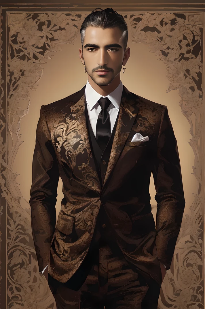 Arabian man in suit and tie standing in front of a wall, Complicated Suit, Wearing a glamorous suit, Luxury Suits, Focus on Art Nouveau, Elegant suits, a stylish suit, Masculine appeal High fashion, gold suit, Modern maximalist suit, Three-piece suit, Glamorous costumes, Glamorous clothing, Wearing a worn-out brown suit