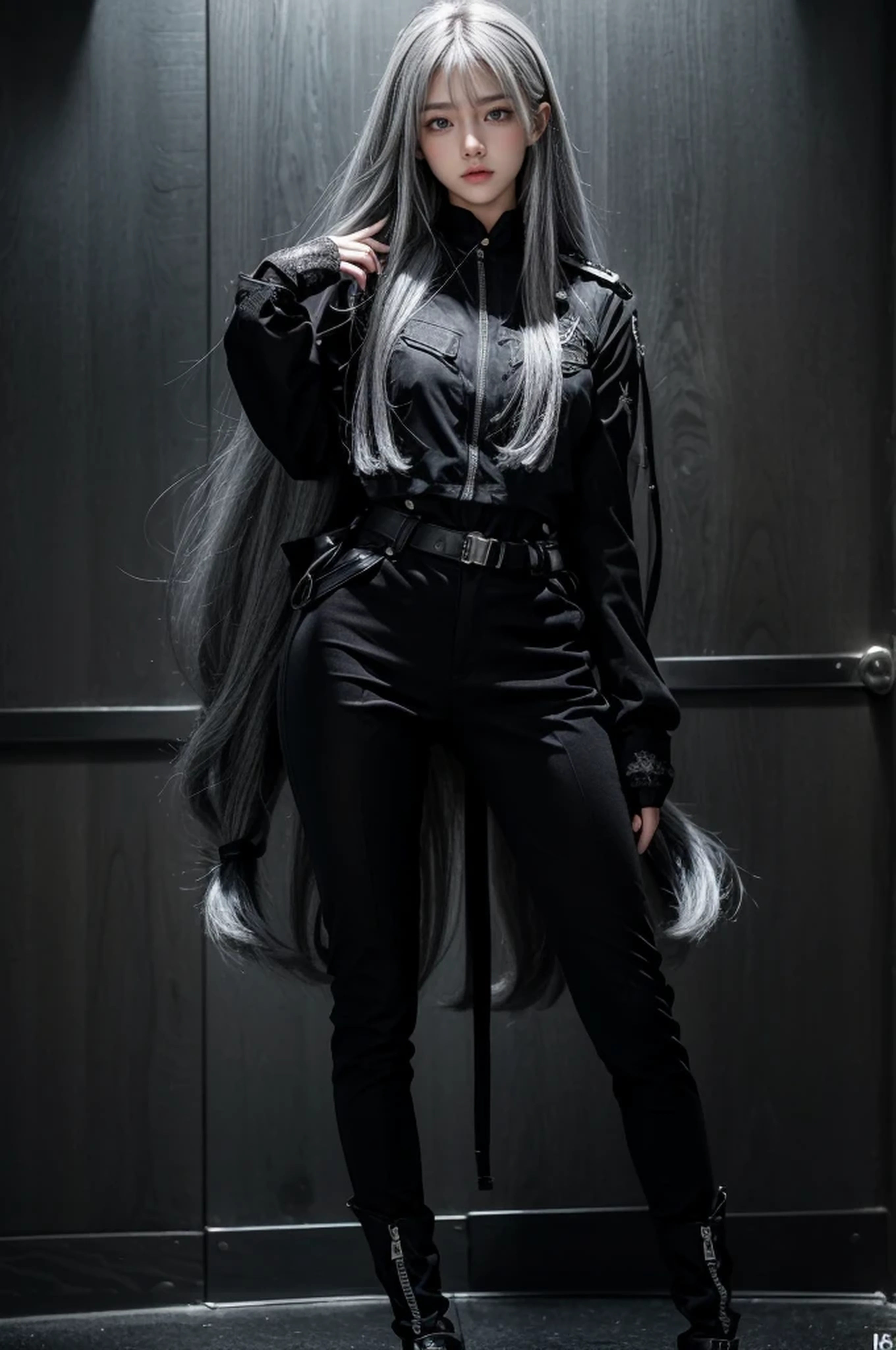 Military Uniforms,pants,black military uniform,whole body,Height: 168cm,almond shape eyes,{{{{{silver eyes}}}}},{{{{{dull bangs}}}}},(slanted eyes},{{whole body},{{{1 girl}}}, long hair, straight hair,{{{{silver hair}}}},{{{tsurime}}},30 years old,{Medium chest},{{bush}},silver eyes,{{{masterpiece}}}, {{{highest quality}}}, {{Super detailed}}, {shape}, {{very delicate and beautiful}},very detailed,detailed perfect,detailed hyper,Abundant thighs,big ass,black clothes