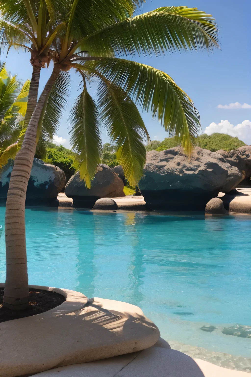 Sea、coconut tree、Stone