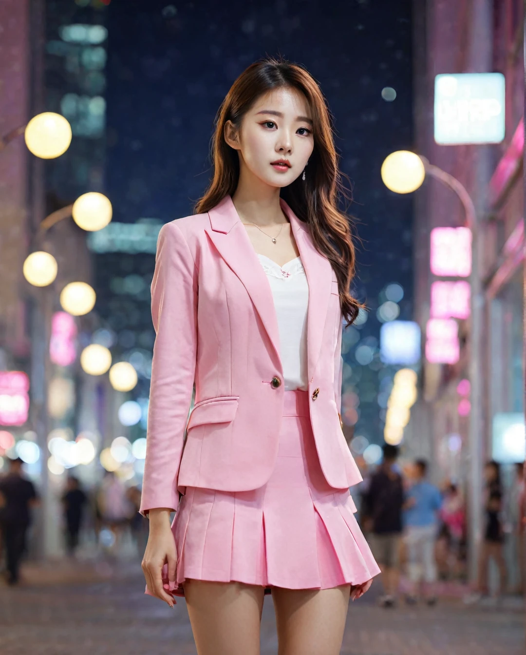 Full body of beautiful korean female, wearing pink suit, and short skirt, in the night city, night light, bokeh background, UHD