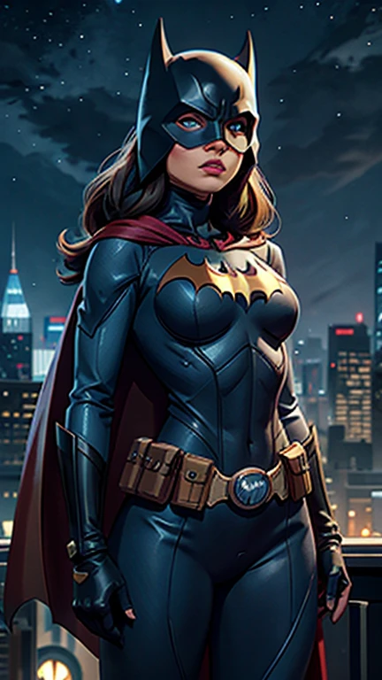 [1girll (Batman) 1.2] (Night sky, Cityscape, gotham city background) [Reality 0.8] [3d 0.9] [Mask, Long hair, Blue eyes, tightsuit, Breasts, Cape, domino mask, belt, breasts, Superhero, mitts, Lips, Black bodysuit, helmet, belt buckle, Short Bat Horns, bat_print, pouch) 1.1] [Slender (Narrow waist, Flat chest) 1.2] [Grading 1.1]
