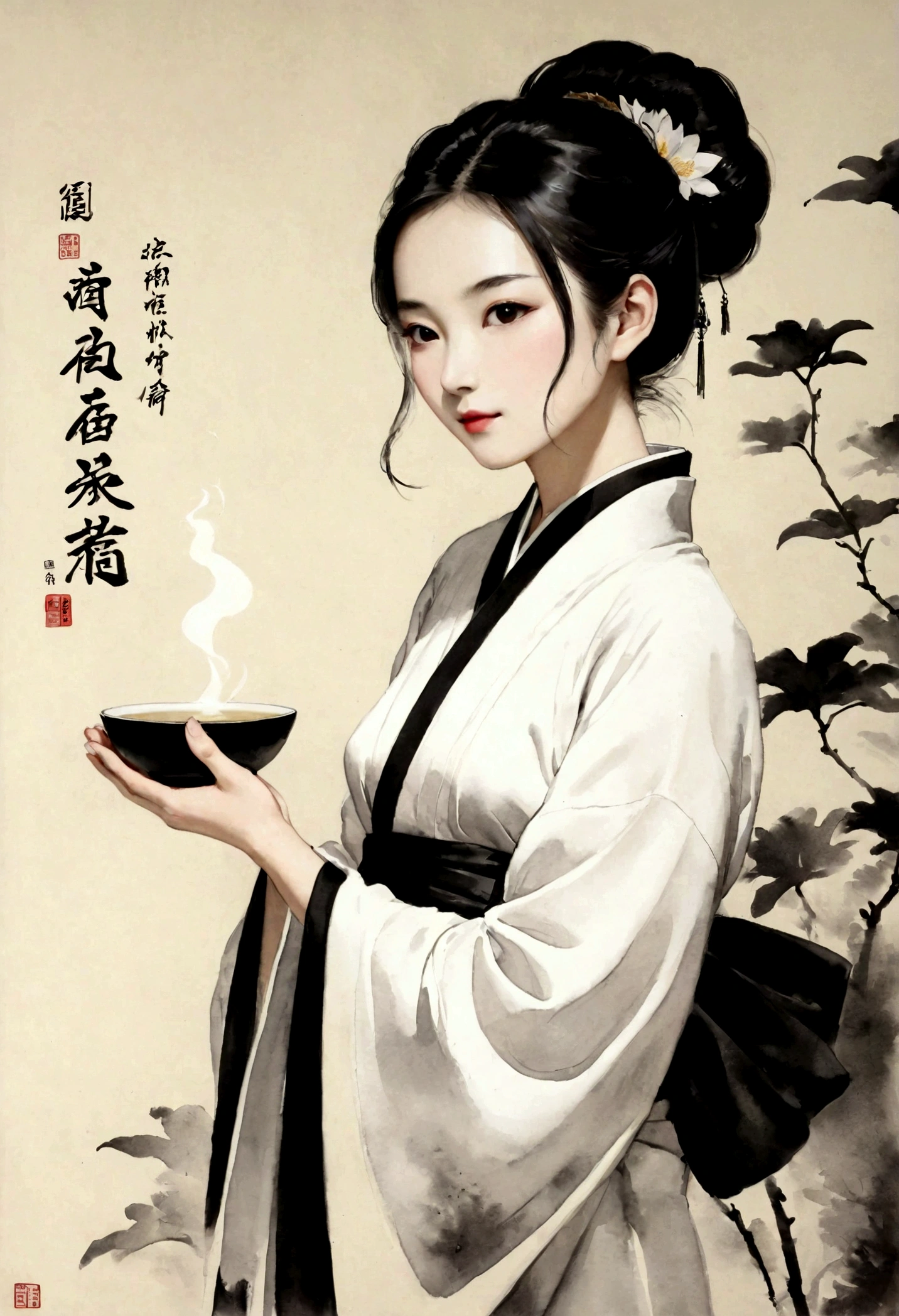 (大量留white:1.5),white, white色背景, simple, Minimalism, abstract,Freehand,Aesthetic,Tai Chi,Gossip,黑与white,Taoist style,Ink Painting,antiquity,Lotus,Girl drinking tea,Ink Painting和水彩画,Drawing on rice paper,Use thick and bright inks to create light and dark variations and gradations,Choose the right ink color,Such as deep black、Thick gray、Light coffee, ETC,express different situations oned atmospheres,Control the gradient oned tronesition of ink colors through the humidity oned consistency of the ink,,black oned white tones, 中国传统Ink Painting, Traditional Chinese Art, author:Guo Xi, author:Ma Yuoneyu, traditional Chinese painting, author:Xu Xi, author:Luo Mu, author:Yoneg Buzhi, author:Li Kelone, author:wisdom'one, Ink Painting ) ) ) ), 中国Ink Painting, 中traditional Chinese painting风格