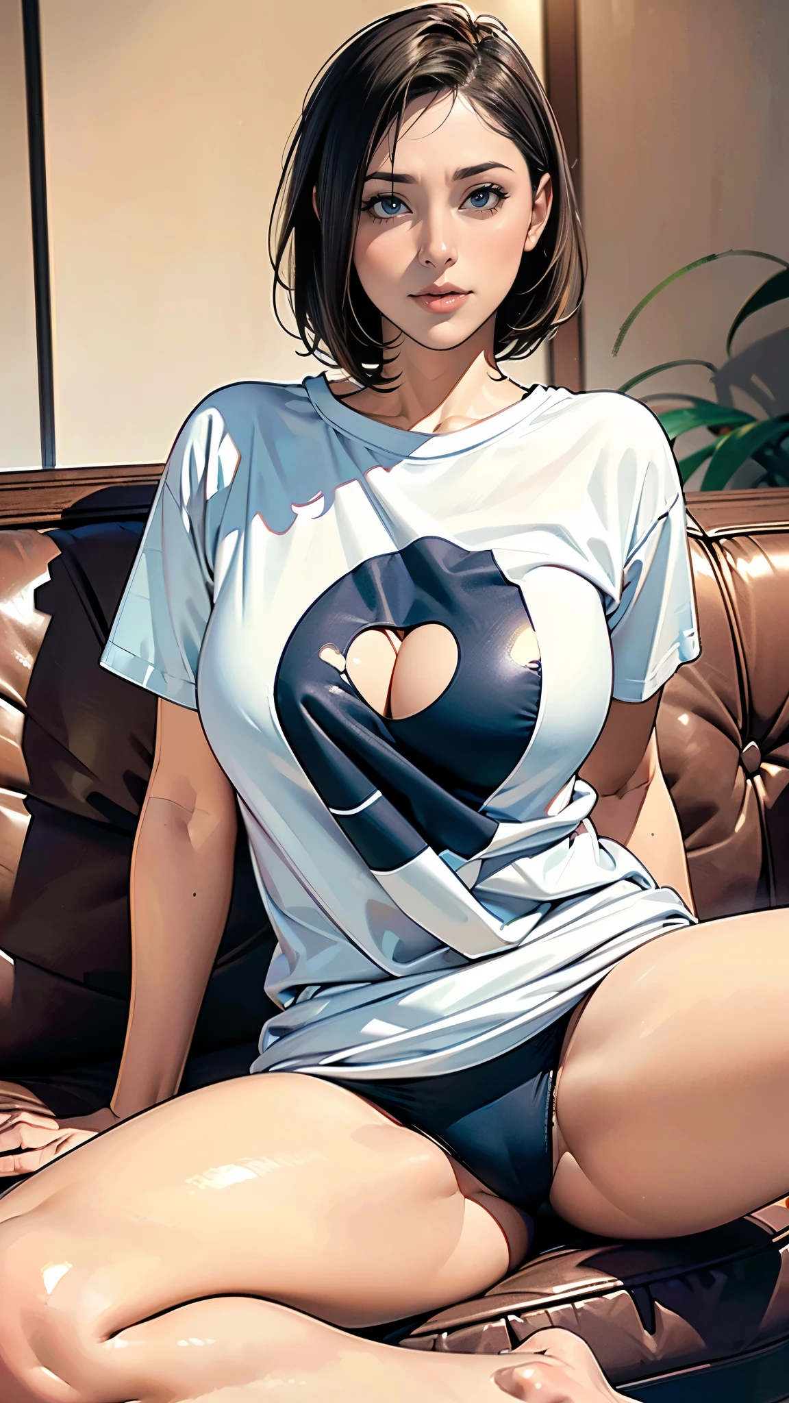 (masterpiece:1.2, highest quality), (Realistic, photoRealistic:1.4),1 female,Mature Woman,48 years old,((Sit on the sofa and spread your legs)),(Short Bob),(((Pop T-shirt))),(Panties)(The background is the living room),(((Background Blur))),(Drunken face)